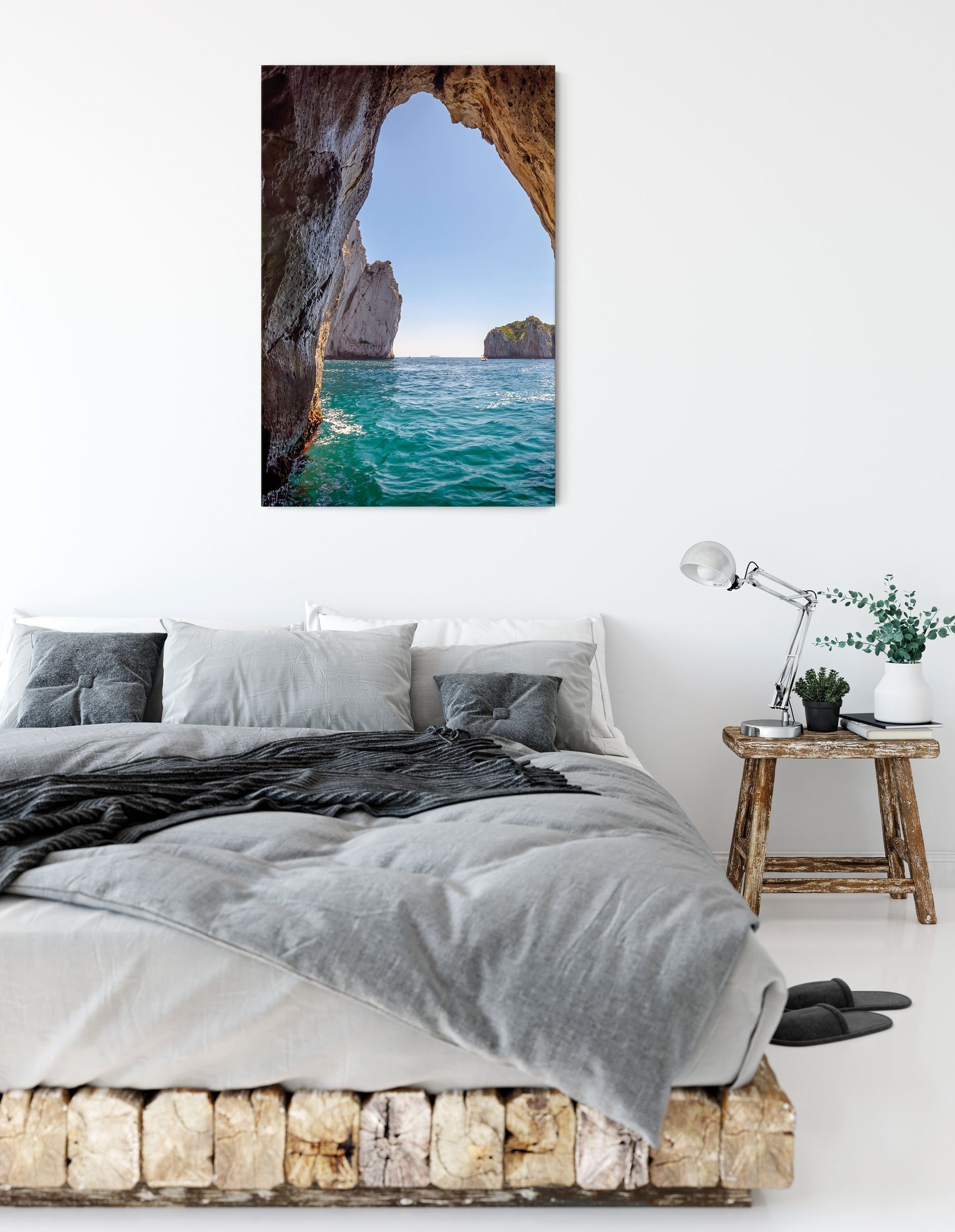 Pixxprint Leinwandbild Felstor im Meer, inkl. im bespannt, St), Zackenaufhänger Leinwandbild Meer fertig Felstor (1