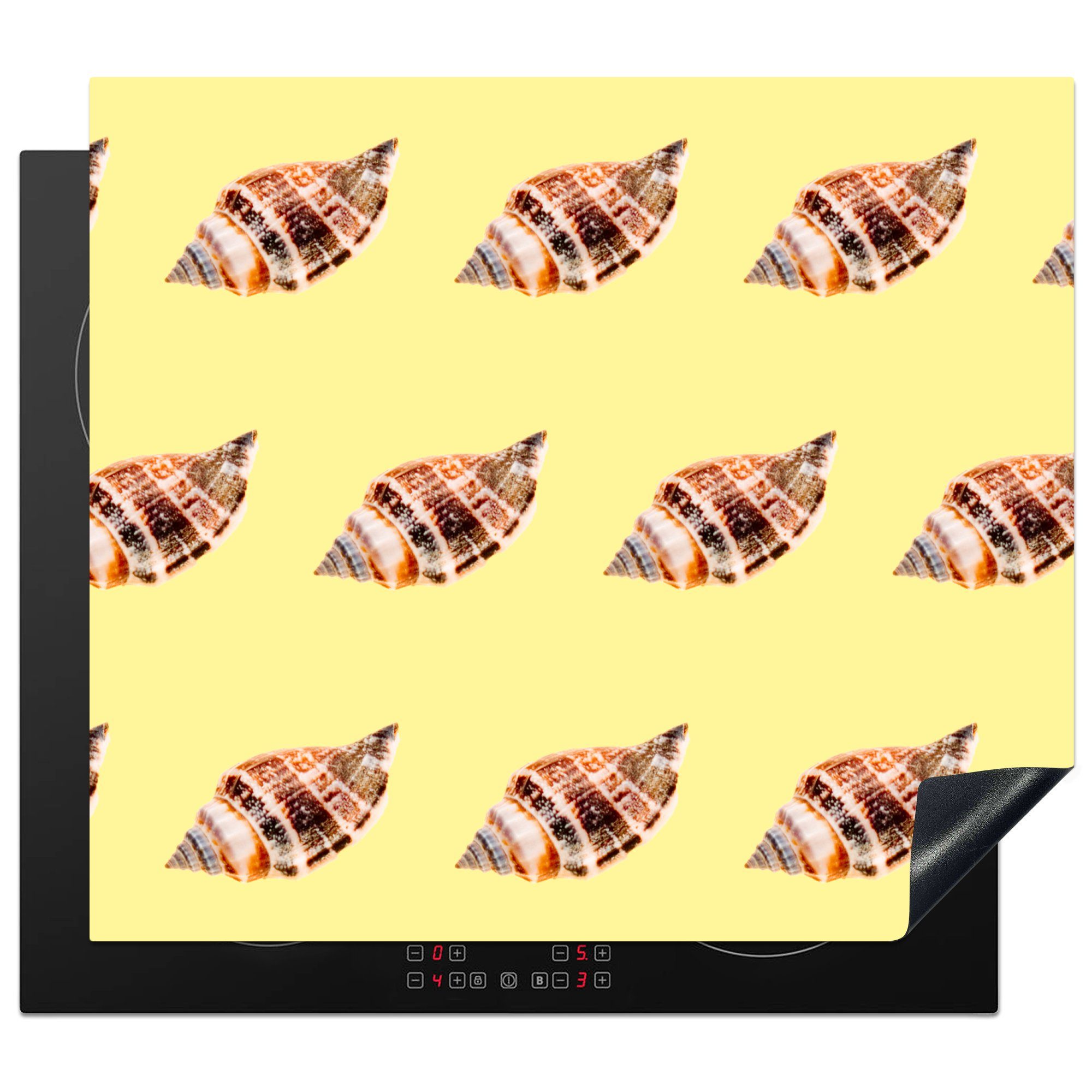 MuchoWow Herdblende-/Abdeckplatte Muscheln - Muster - Gelb, Vinyl, (1 tlg), 59x52 cm, Ceranfeldabdeckung für die küche, Induktionsmatte