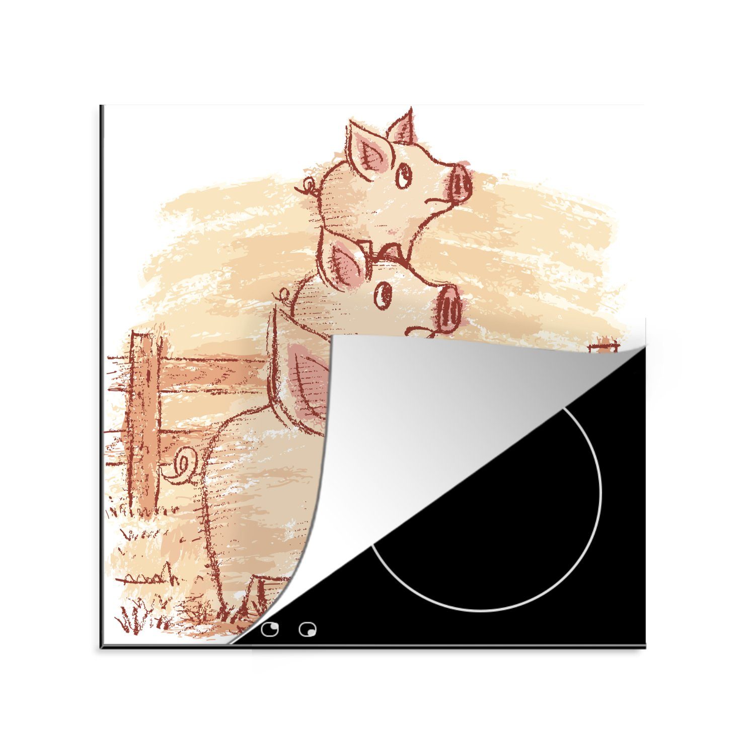 MuchoWow Herdblende-/Abdeckplatte Eine Illustration eines Ferkeln, für Ceranfeldabdeckung, cm, mit Vinyl, Schweins zwei tlg), küche (1 78x78 Arbeitsplatte