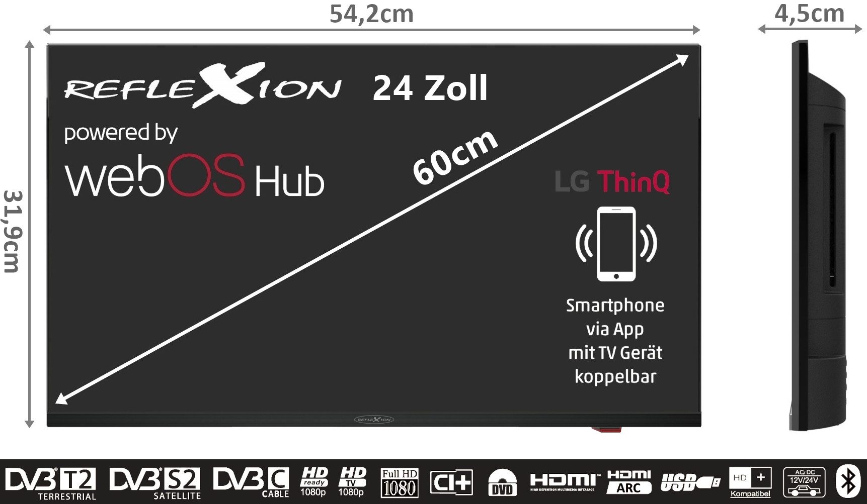 Reflexion LDDX24IBT BLACK LED-Fernseher (60 cm/24 Zoll, Full HD, Smart-TV, powerd by webOS Hub (LG), DC IN 12 Volt / 24 Volt, Netzteil 230 Volt, integrierter DVD-Player)
