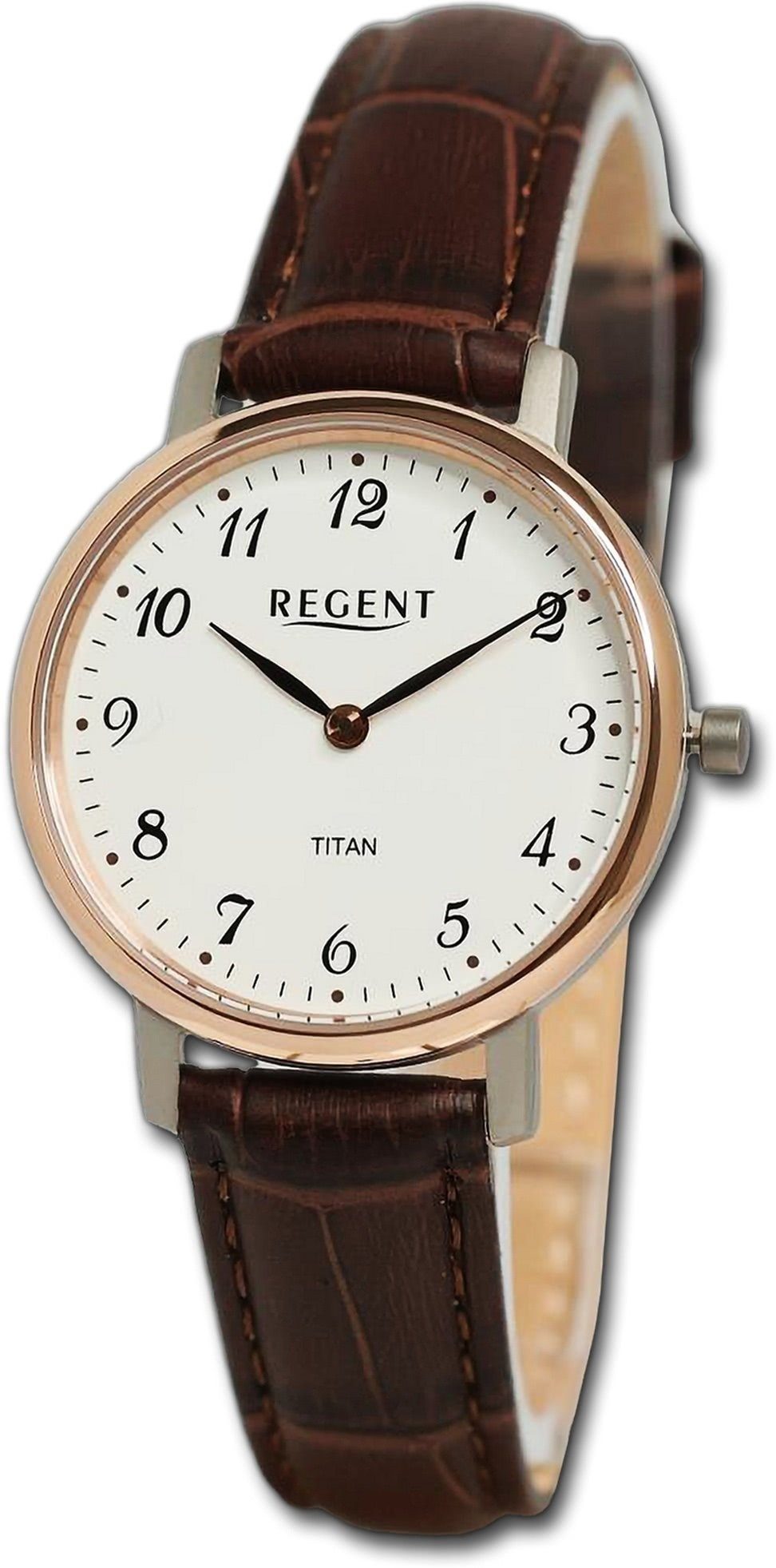 Regent Quarzuhr Regent Damen Armbanduhr Analog, Damenuhr Lederarmband braun, rundes Gehäuse, extra groß (ca. 31mm)
