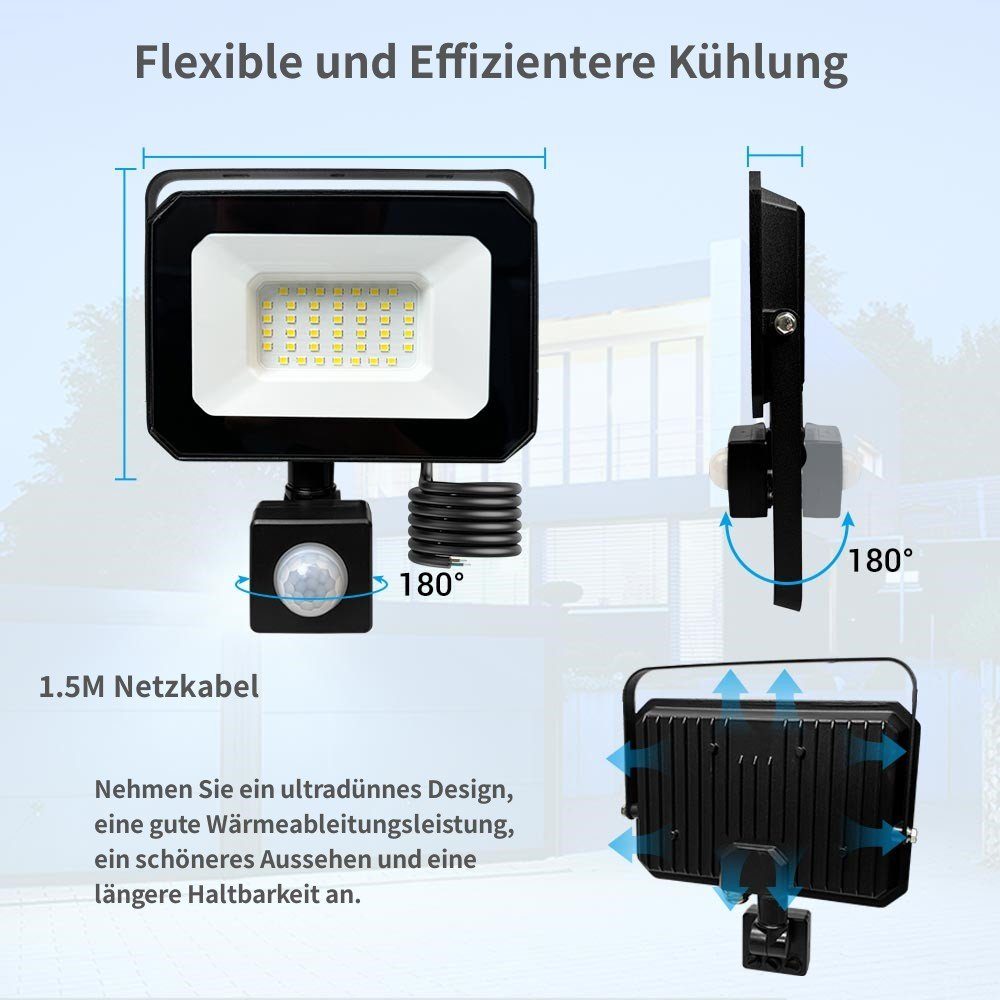 Flutlichtstrahler, fest Stromkabel LED LED 1,5M Mustwin mit IP65 integriert, Tageslichtweiß, Wasserdicht Scheinwerfer