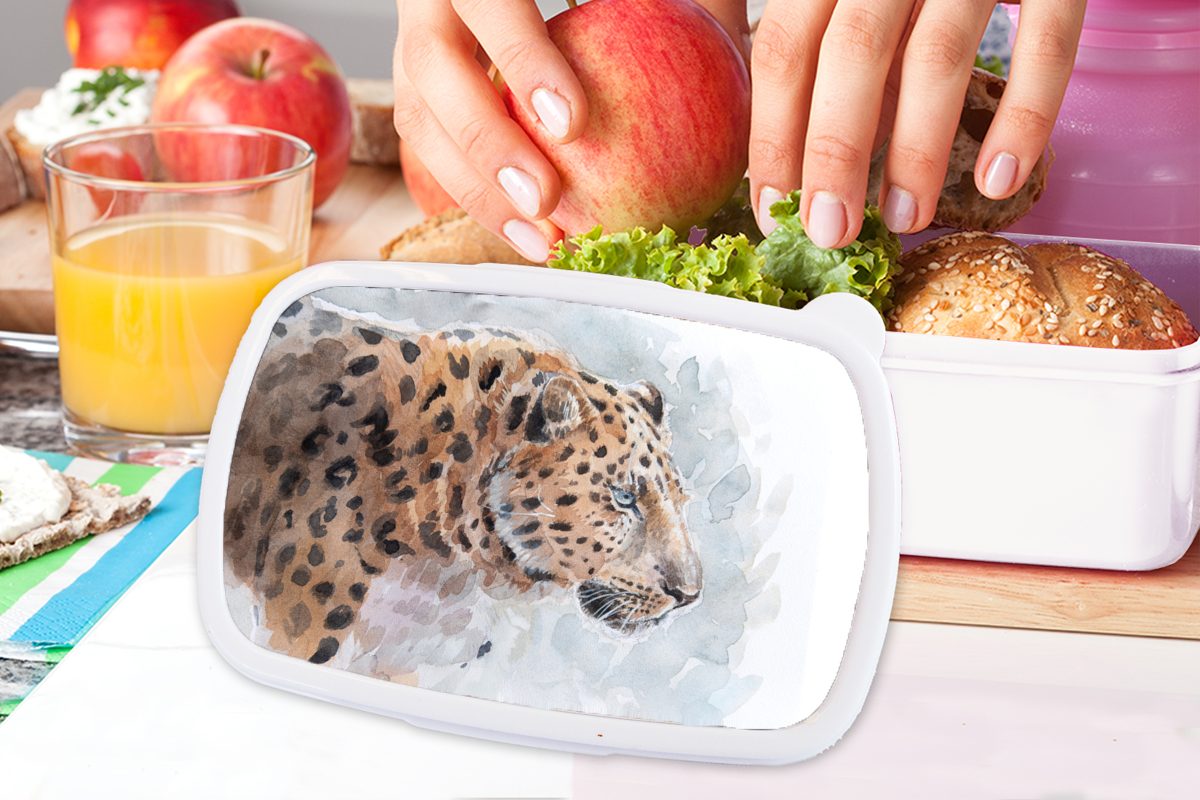 (2-tlg), MuchoWow - Leopard für Mädchen Brotbox Kunststoff, weiß Blau, Brotdose, Jungs Lunchbox und für Kinder - Aquarell Erwachsene, und