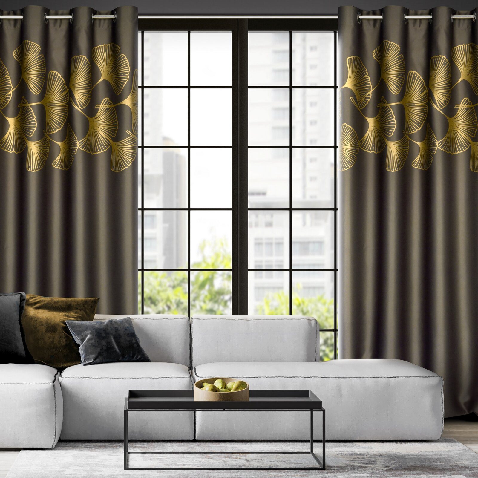 Eurofirany Vorhang 140x250 Blickdicht Ösen Ginko Muster Satin Gold, Blackout, Blickdicht, Verdunkelnd – Bild 4 von 5