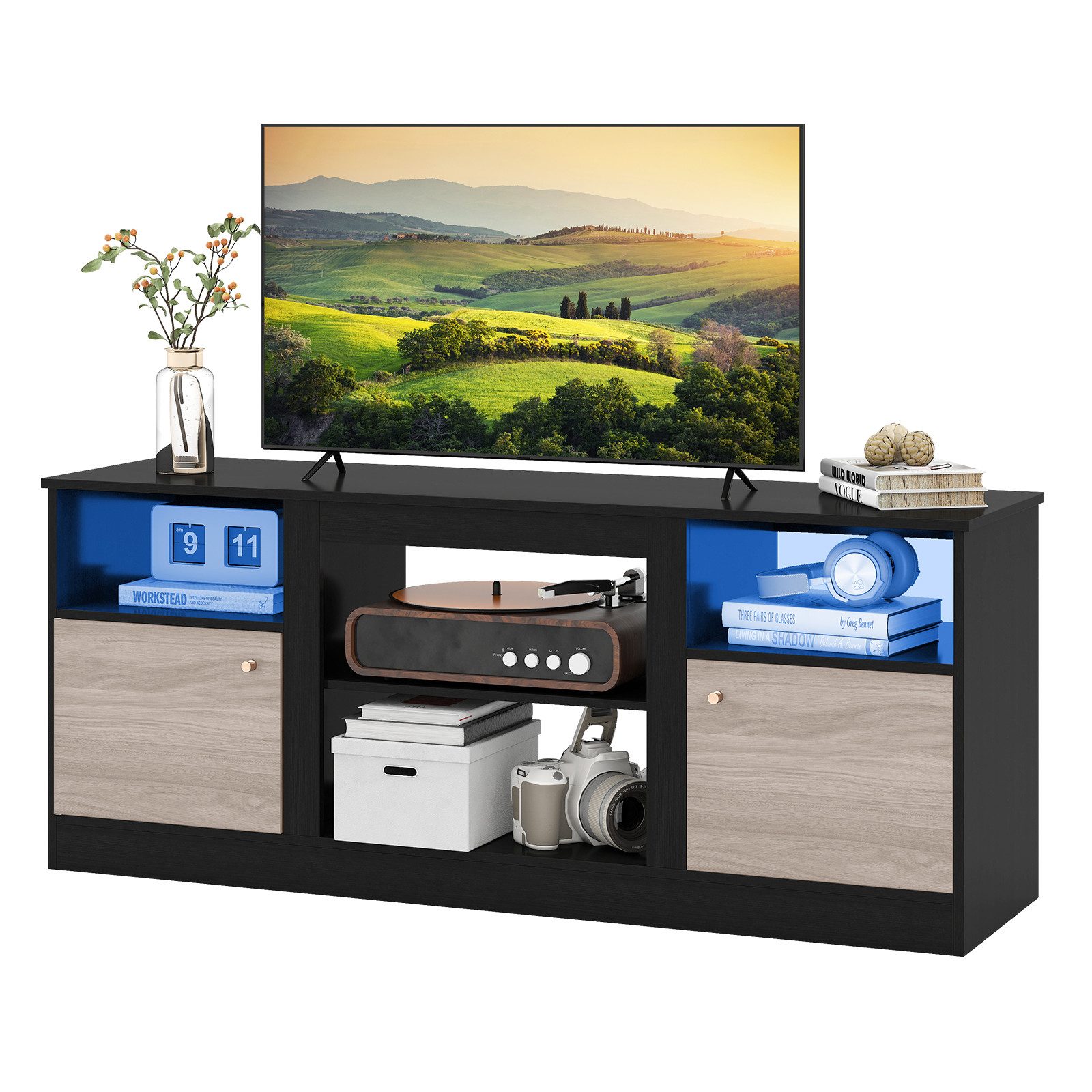 COSTWAY TV-Schrank für Kamin mit LED, verstellbarem Regal Lowboard Holz