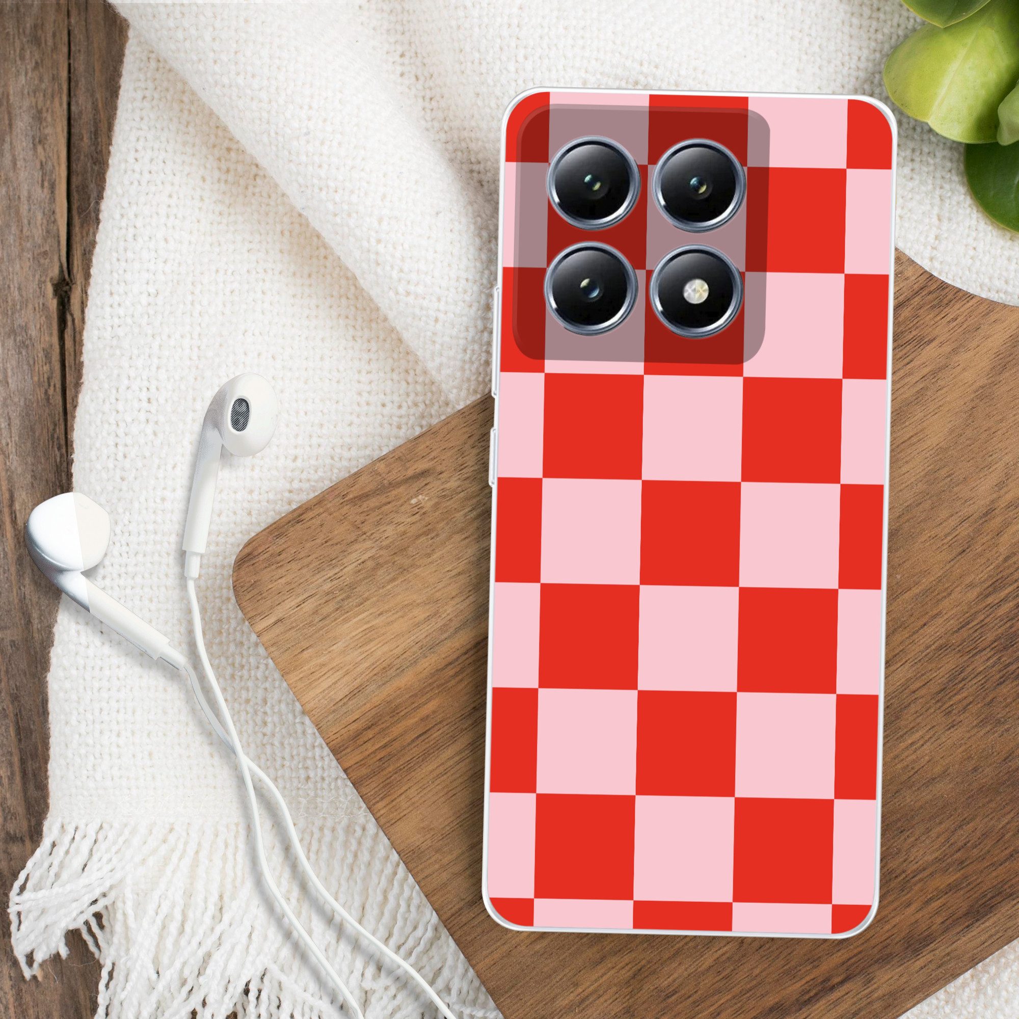 MuchoWow Handyhülle für Xiaomi 14T Schachbrettmuster - Rot - Rosa - Würfel, Handy Case, Silikon, Bumper Case Dünn