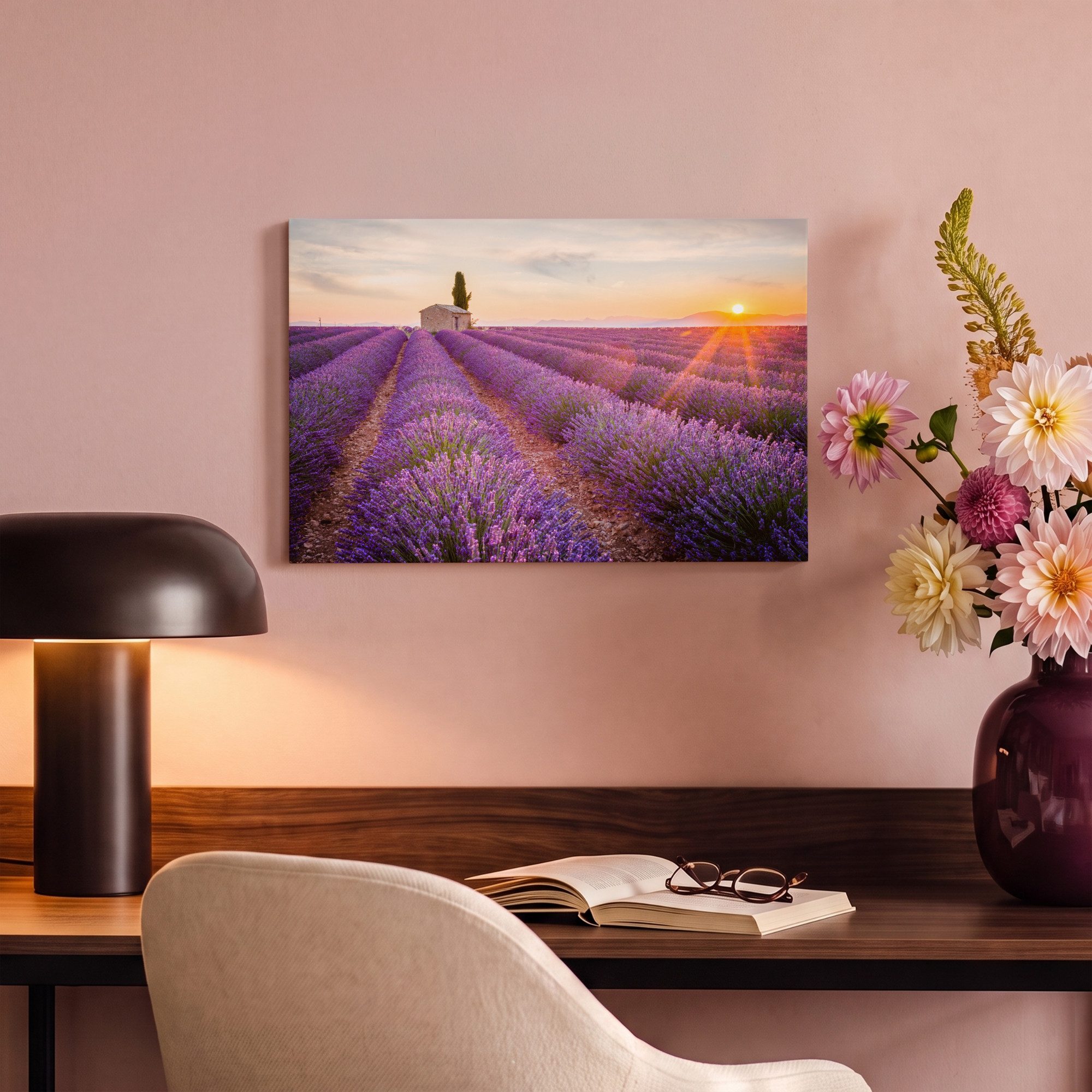 OneMillionCanvasses® Leinwandbild Lavendel - Sonnenuntergang - Blumen - Lila, Fotodruck (1 St), Leinwand Bilder Klein, Wand Dekoration Aesthetic 30x20 cm – Bild 4 von 5