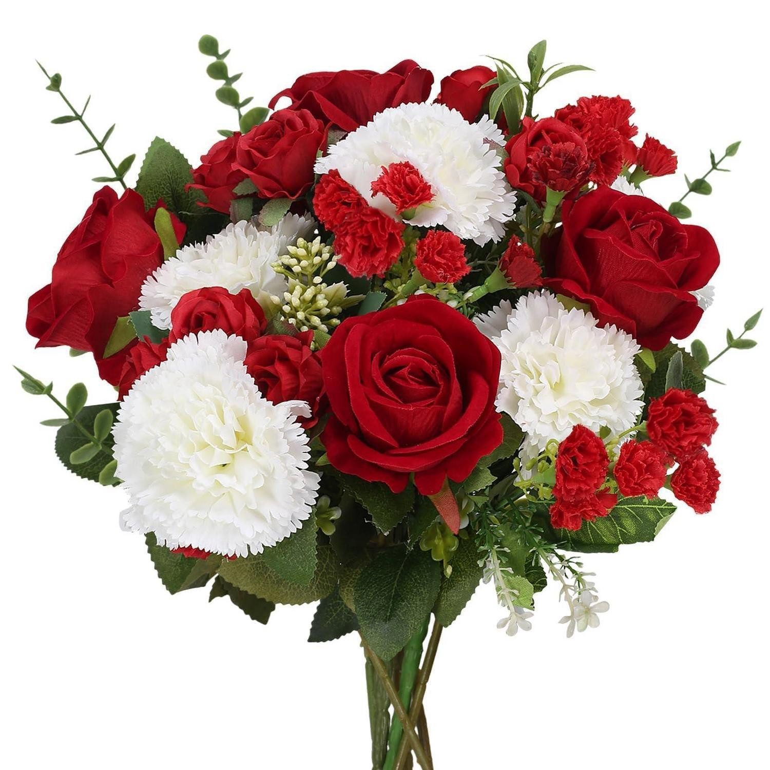 Kunstblumenstrauß Künstlicher Blumenstrauß Rot/Weiß Rosen Nelken, LuxusKollektion, Höhe 15 cm