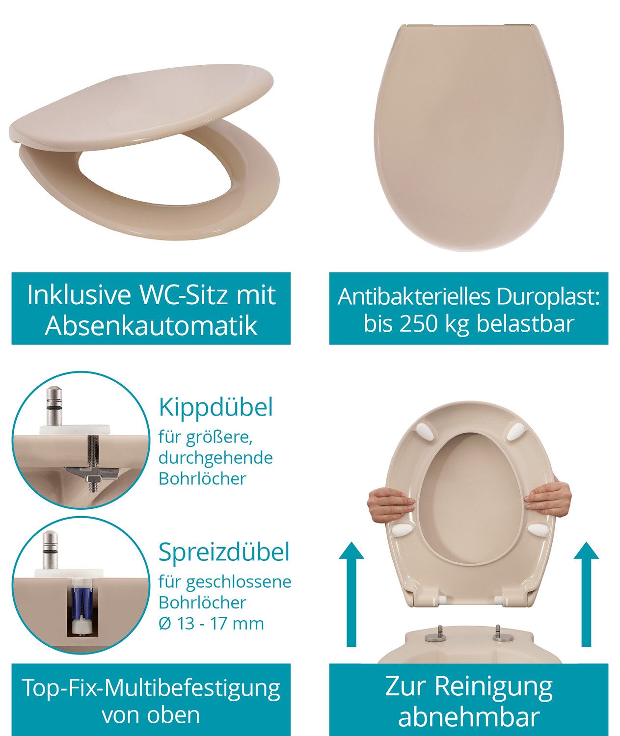 Calmwaters Tiefspül-WC Stand-WC spülrandlos, bodenstehend, Abgang Waagerecht, Set mit WC-Sitz und Spülkasten, Beige-Bahamabeige, Absenkautomatik, Abnehmbar, 99000181