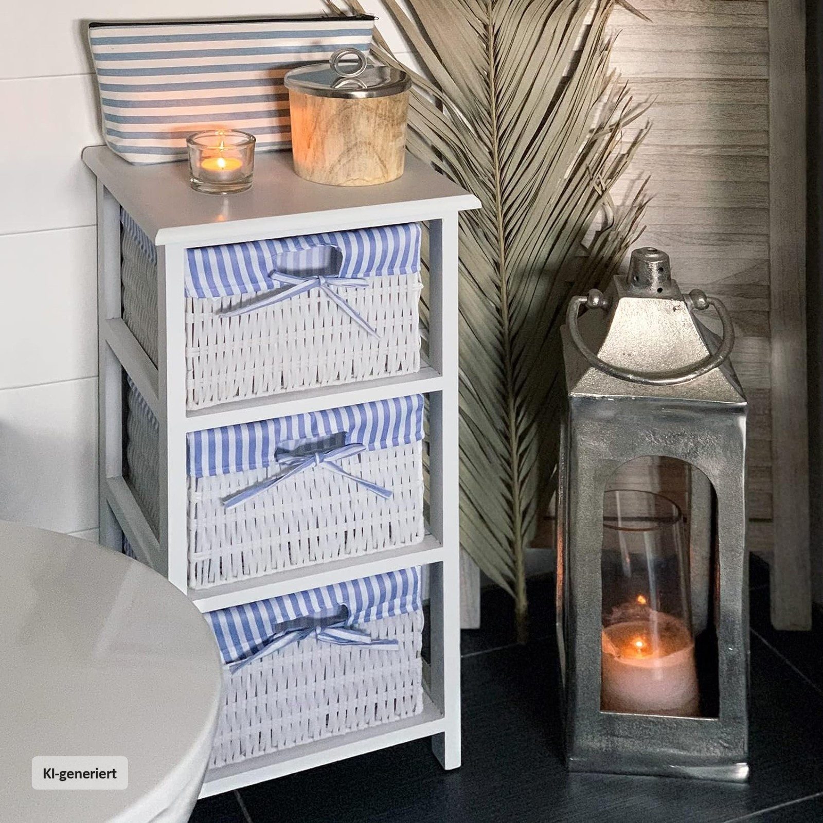 HTI-Living Badregal Regal mit 3 Körben Mia Landhaus Weiß Blau, Stück 1-tlg., Badregal Schubladenkommode