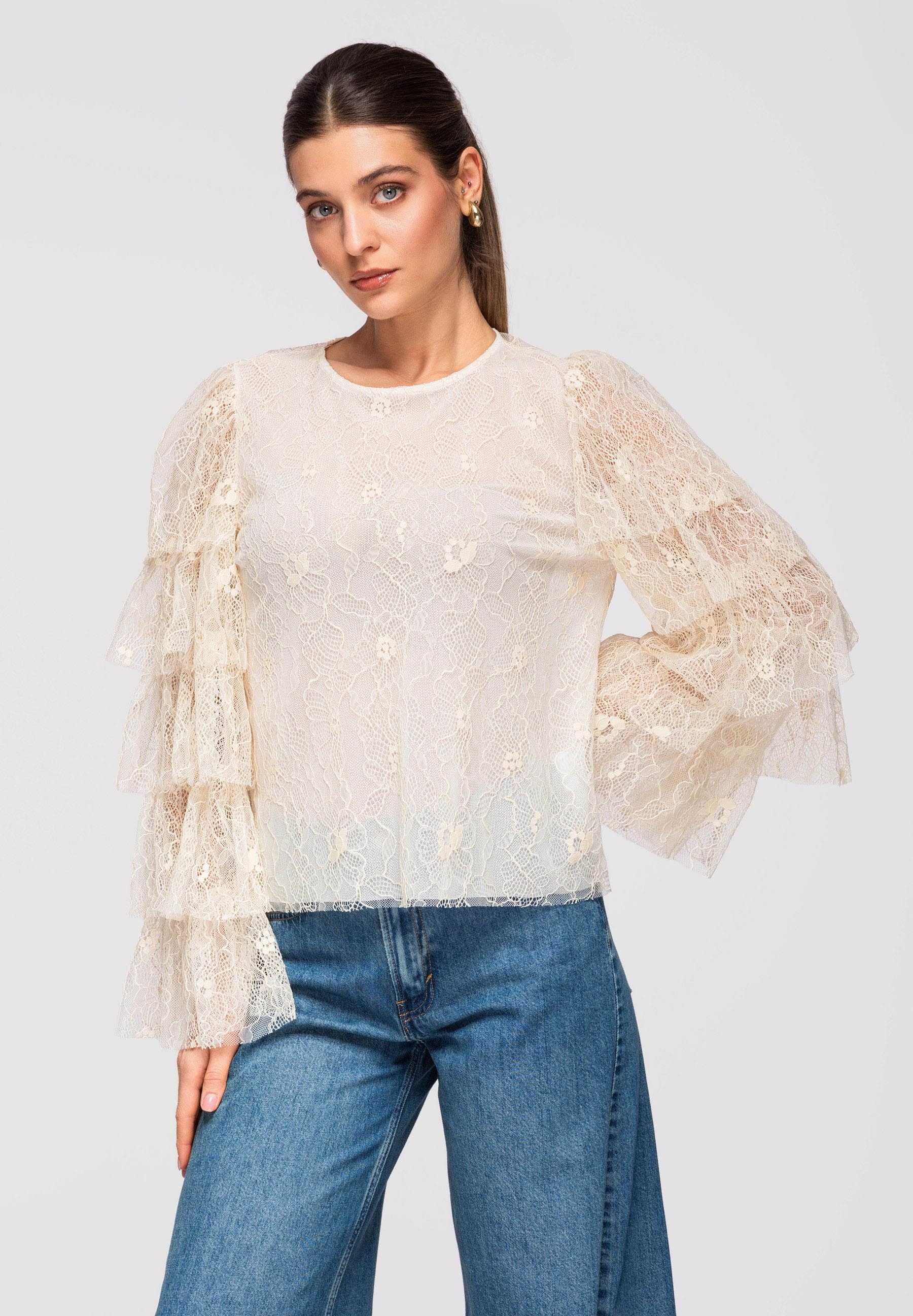 OMBRE Spitzenbluse Kurze Damenbluse aus Spitze mit Rüschenärmeln