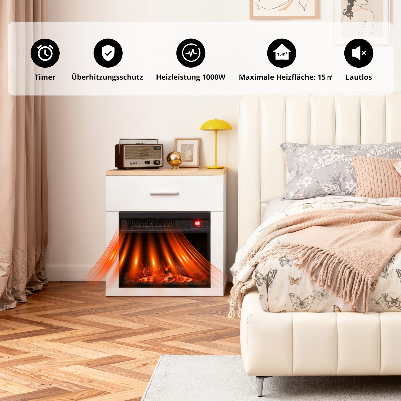 HOMAVO Elektrokamin mit Nachttisch, 14" 1000W Heizung, 3D-Flammeneffekt, Fe günstig online kaufen