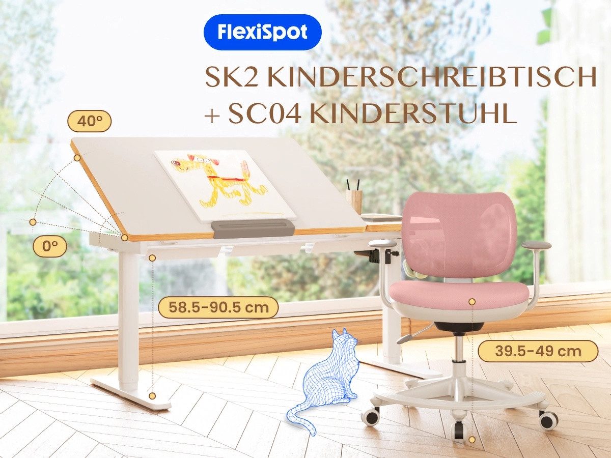 FLEXISPOT Schreibtisch Kinderschreibtisch Höhenverstellbar (mit neigbarer Tischplatte, mit LED-Höhenanzeige & 3 Speicherplätzen, MIT Haken, 16mm Abgerundete Tis – Bild 2 von 5