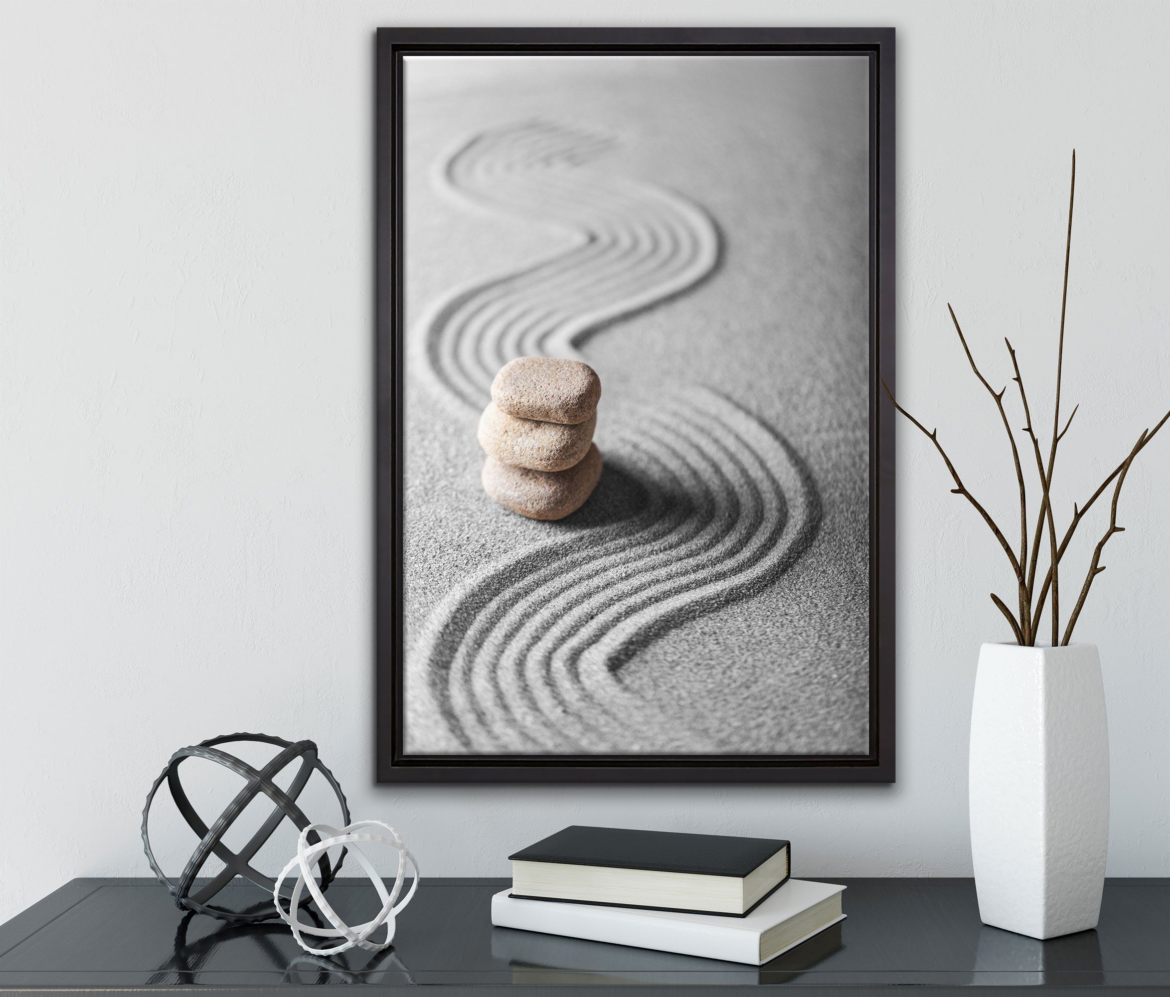 Pixxprint Leinwandbild Wellenmuster im Sand, inkl. bespannt, gefasst, St), Leinwandbild Zackenaufhänger (1 fertig einem in Schattenfugen-Bilderrahmen Wanddekoration