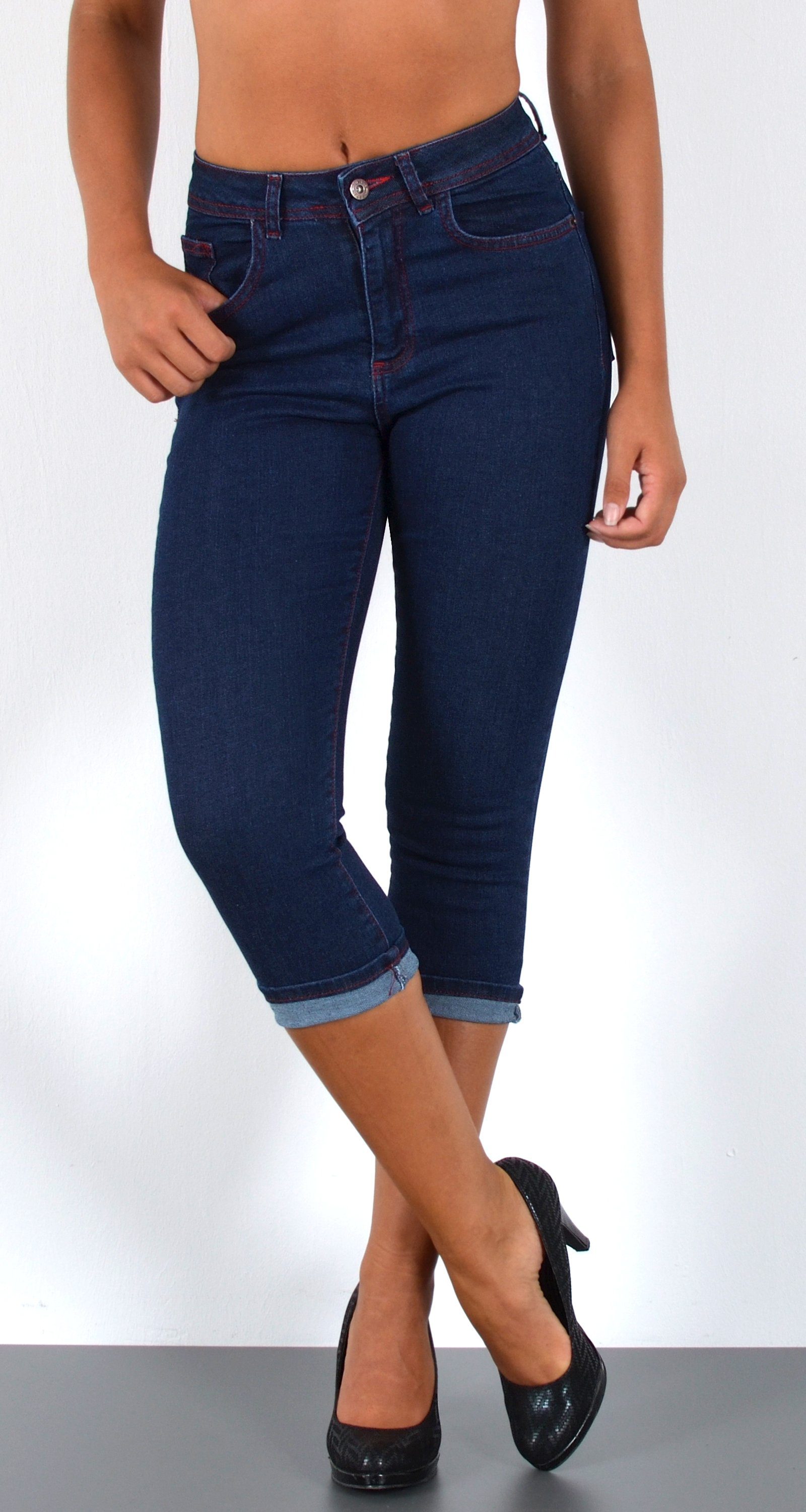 ESRA Caprijeans Damen 3/4 Capri Jeans Hoch-Bund Sommer Hose kurze Jeans Shorts J740 High Waist Capri Jeans Damen Sommer Hose Stretch-Jeans bis Übergröße