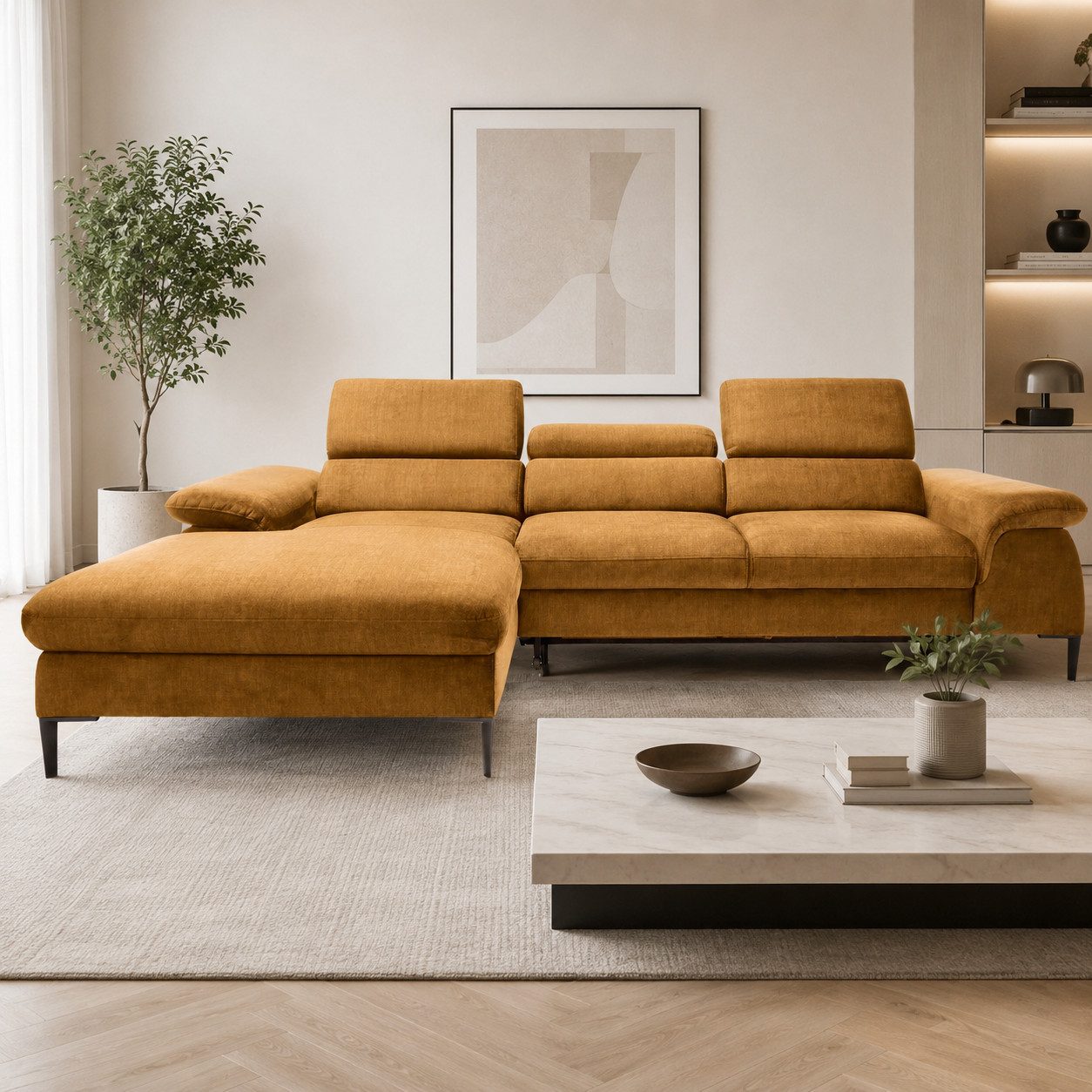 Goldstoff Schlafsofa LARGO Ecksofa mit Schlaffunktion und Stauraum - Sofa L-Form, Couch mit Schlaffunktion und Bettkasten, Einstellbare Kopfstützen