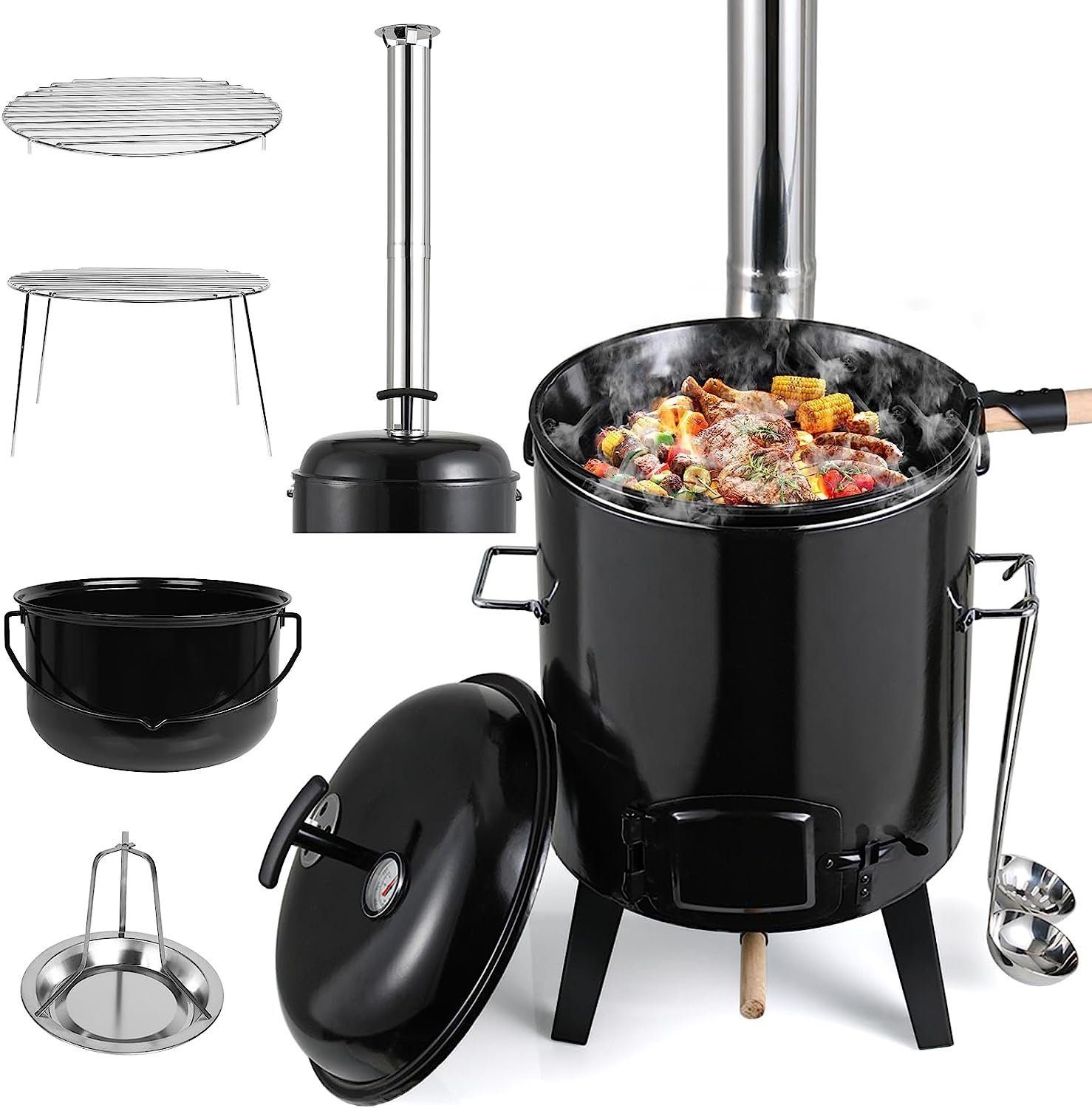 TLGREEN Holzkohlegrill 17+8L Gulaschkanone mit Thermometer & Zubehör, Multifunktionaler Schornsteintopf für Garten, Camping & Outdoor-Kochen, (Grillen, Schmoren, Dampfgaren)