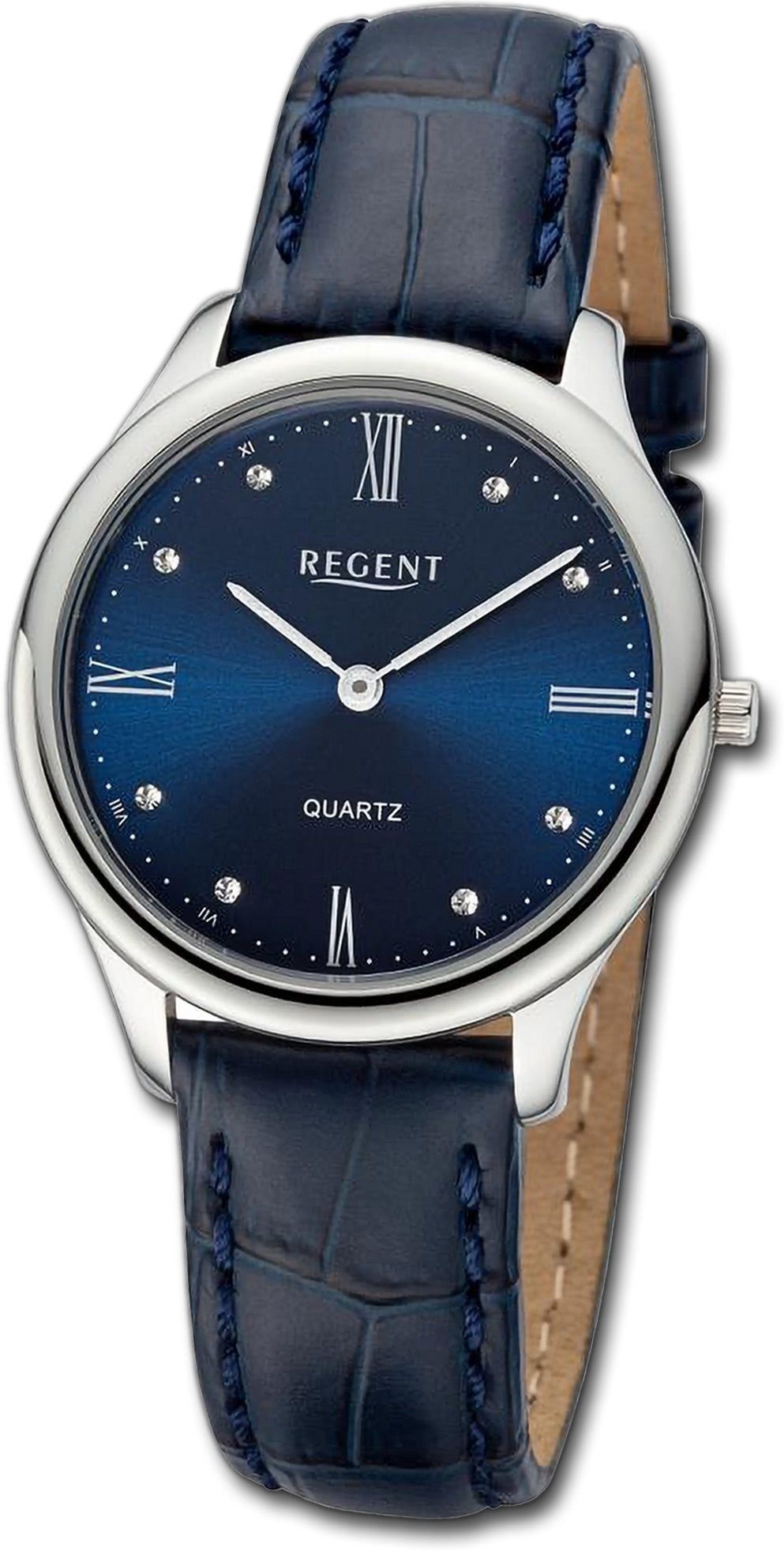 Regent Quarzuhr Regent Damen Armbanduhr Analog, Damenuhr Lederarmband blau, rundes Gehäuse, extra groß (ca. 33mm)