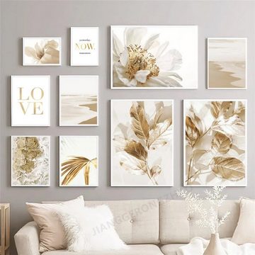 TPFLiving Kunstdruck (OHNE RAHMEN) Poster - Leinwand - Wandbild, Blumen, Blätter, Strand und Meer - (Wanddeko Wohnzimmer), Farben: Beige und Gold - Größe: 40x60cm