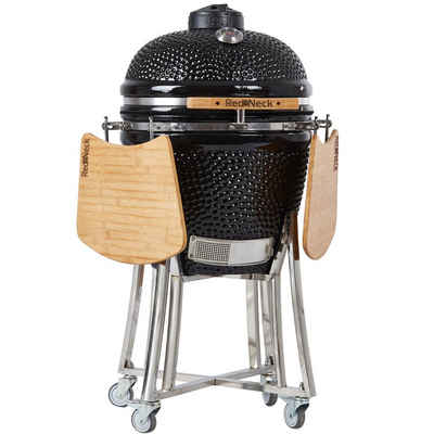 RedNeck Keramikgrill Keramik-Grill RedNeck Kamado 21" Pro schwarz, Transportrollen mit Bremssystem, Seitenablagen