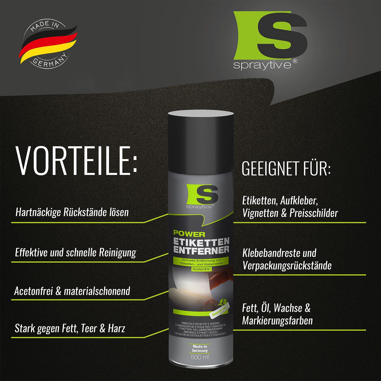 Spraytive 1x 500ml Etikettenentferner – Entfernt Aufkleber & Klebereste schnell Allzweckreiniger (Made in Germany)