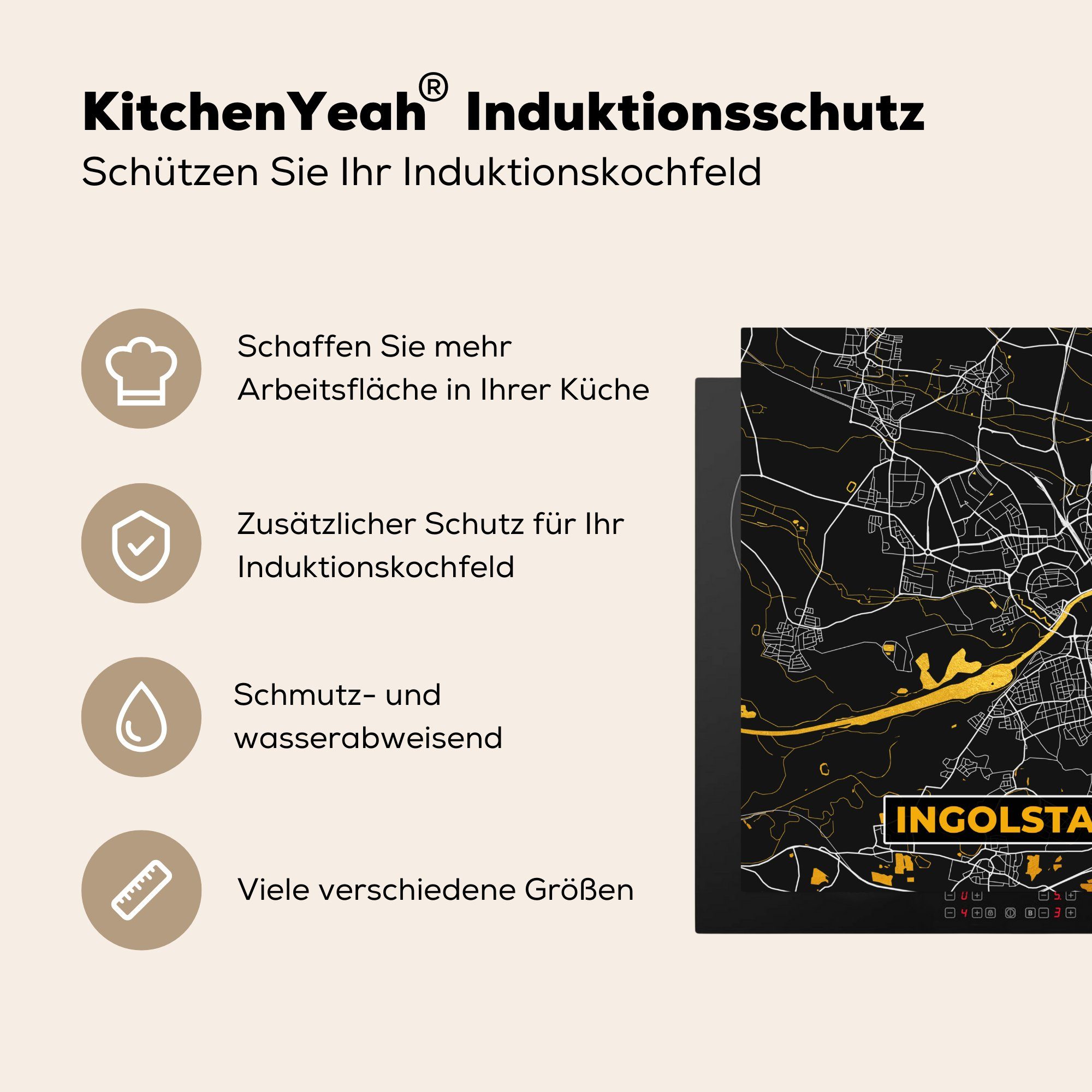 Deutschland Stadtplan, MuchoWow Arbeitsplatte für Karte cm, Ingolstadt - - Ceranfeldabdeckung, - - Herdblende-/Abdeckplatte tlg), Vinyl, (1 78x78 Gold küche