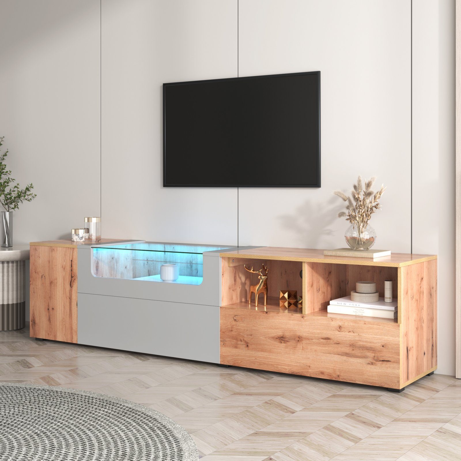 SEEZSSA TV-Schrank mit 190x40x48cm Farbwechselnden Natur+Weiß Fernsehtisch und TV-Schränke TV Glasplatte Lowboard Board TV Fächern mit Türen LED-Leuchten und Wohnzimmer