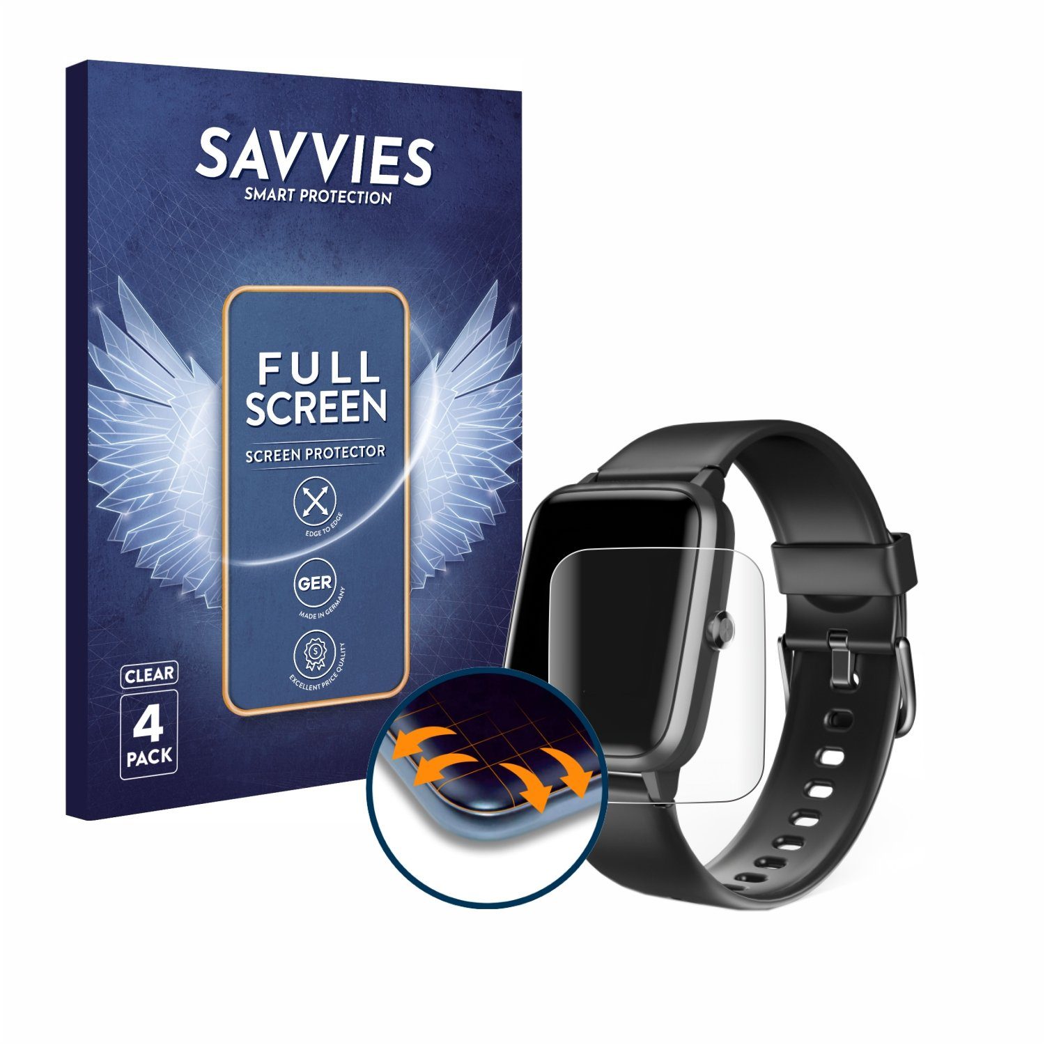Savvies Displayschutzfolie Fullscreen Schutzfolie für Hama Fit Watch 5910, 4 Stück, Displayschutz Folie Fullcover Klar Transparent