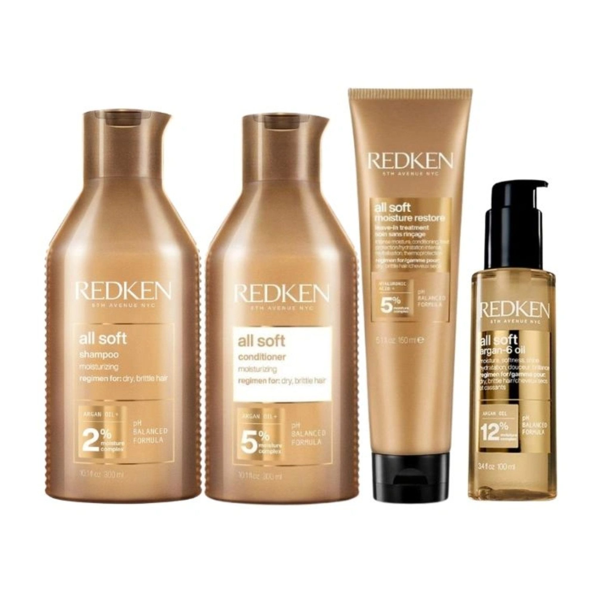 Redken Haarpflege-Set Redken All Soft 4er Set – Shampoo + Conditioner + Leave-In + Arganöl, 4-tlg., Friseurprodukt, reichhaltig