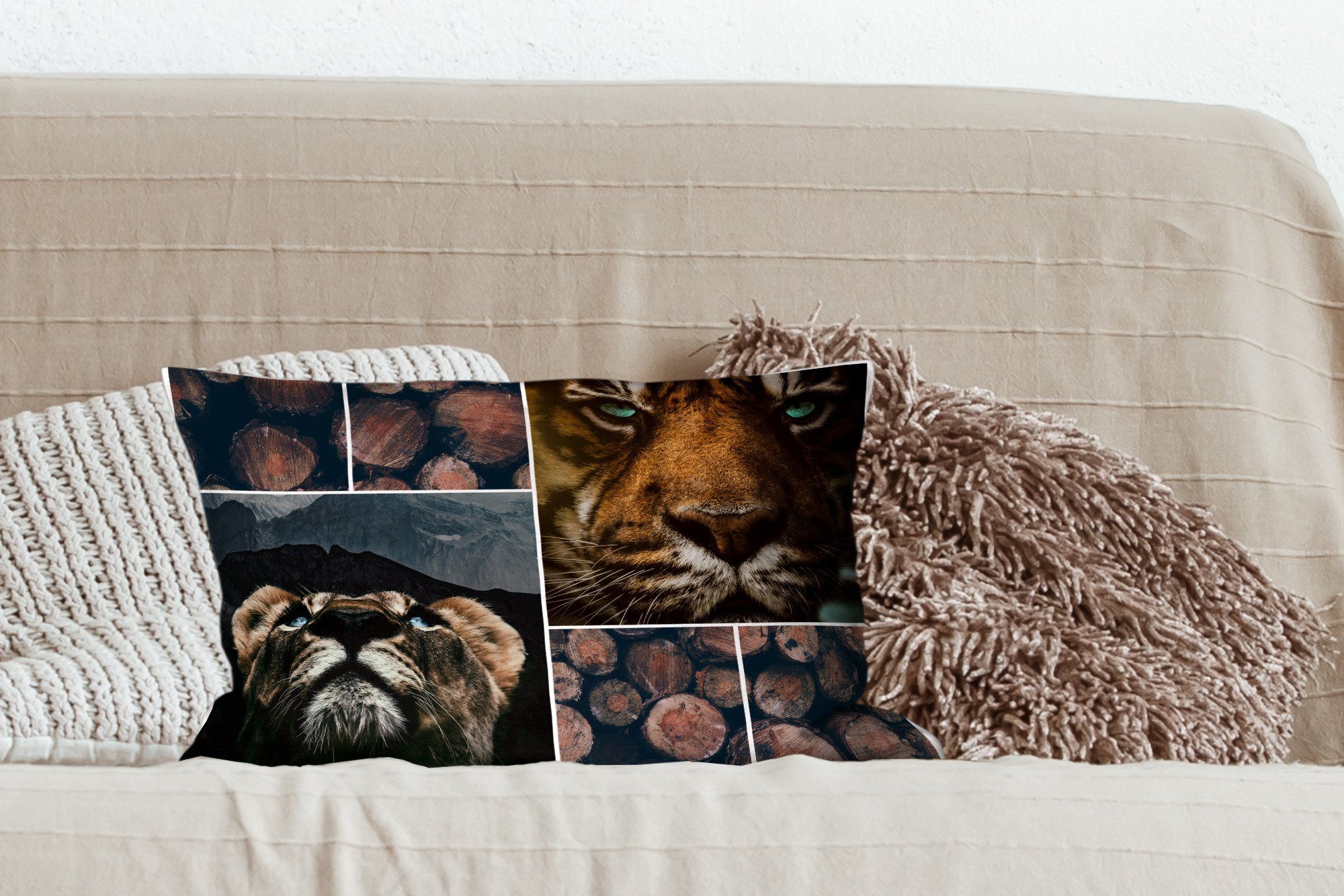 Schlafzimmer Tiger mit Holz, Zierkissen, Füllung, Wohzimmer Dekokissen MuchoWow - Dekoration, Dekokissen Collage -