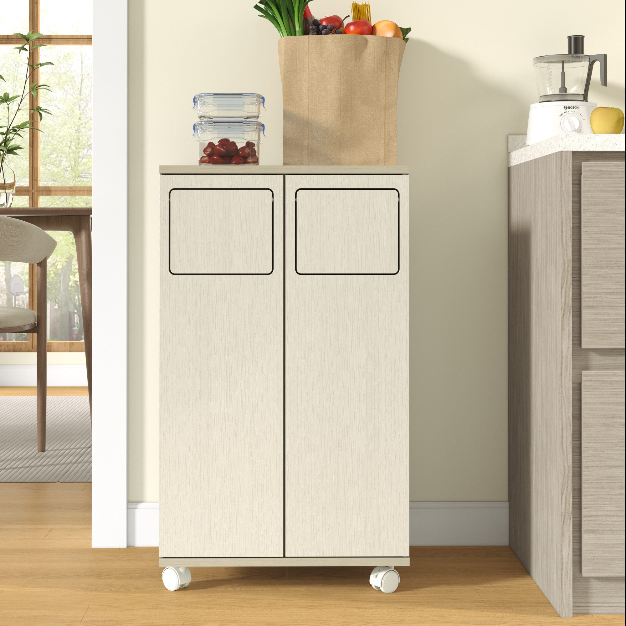 OKWISH Sideboard Rollbarer Küchenschrank mit & Mülltrennung (mit 2 Türen, 1 St., 2-fach in Eiche-Optik, 46,7x35x80cm), Praktisch für Küche & Esszimmer, auf Rädern beweglich