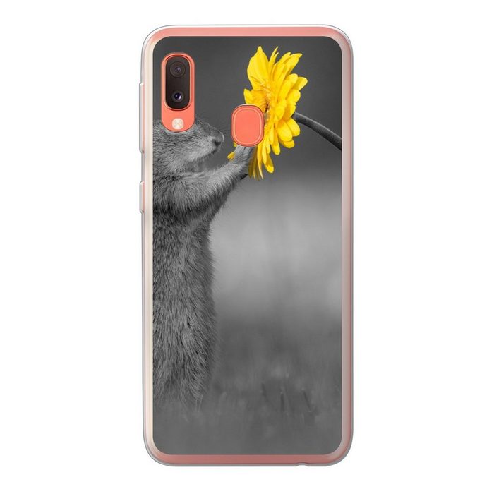 MuchoWow Handyhülle Eichhörnchen bewundert eine gelbe Blume schwarz und weiß von Fotograf Handyhülle Samsung Galaxy A20e Smartphone-Bumper Print Handy