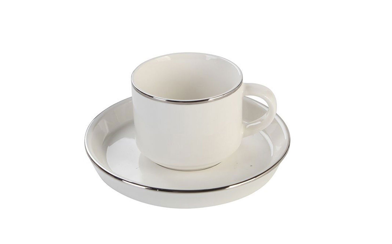 Pasabahce Tasse Lunel, Porzellan, Kaffeebecher 6 Stück Porzellan Silber umrandet, 12-teilig