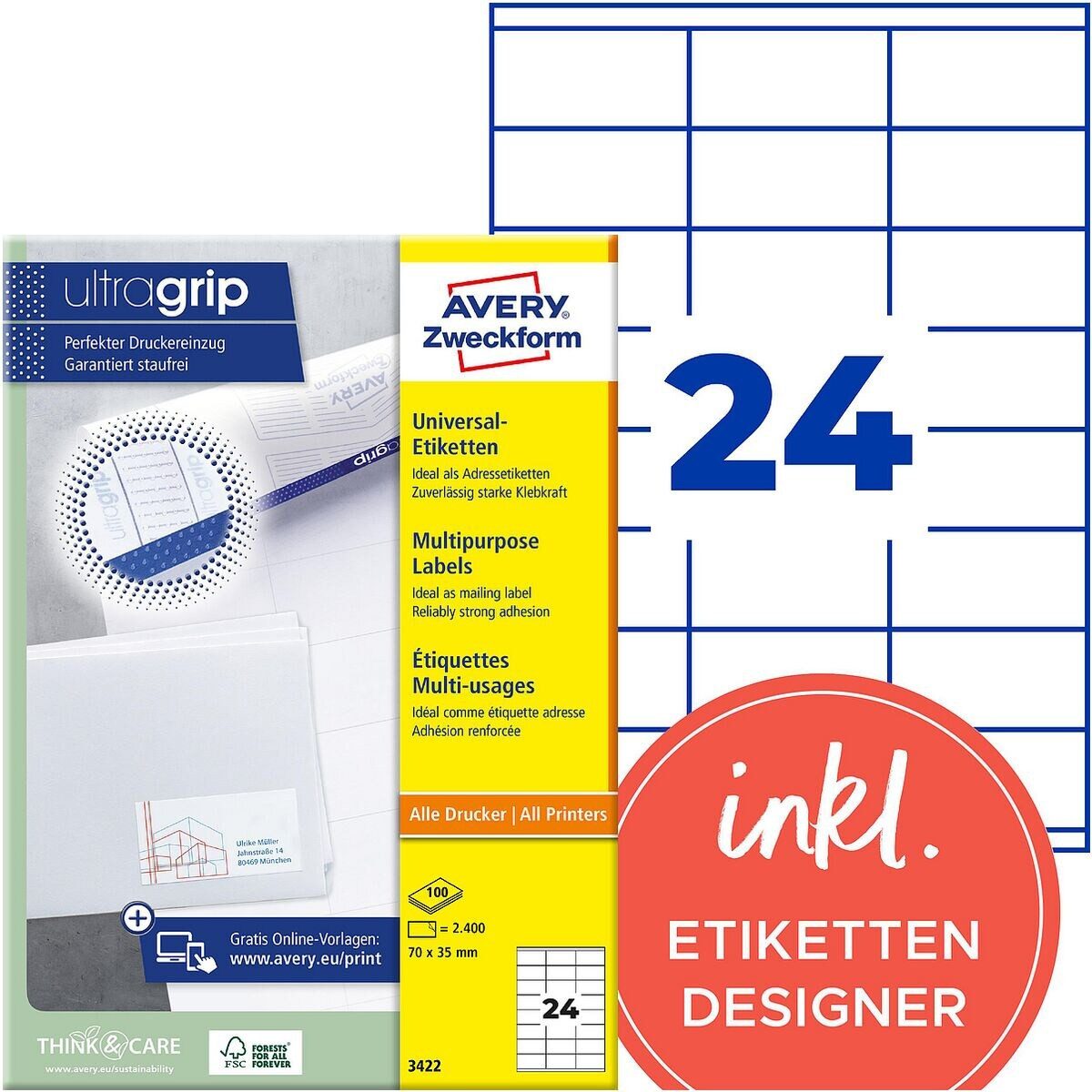 Avery Zweckform Etiketten 3422, 2400 Stück, Adresse universal (70 x 35 mm), selbstklebend