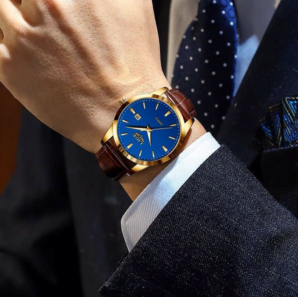 Tidy Quarzuhr LIGE 89143 Herrenuhr mit blauem Zifferblatt und braunem Armband