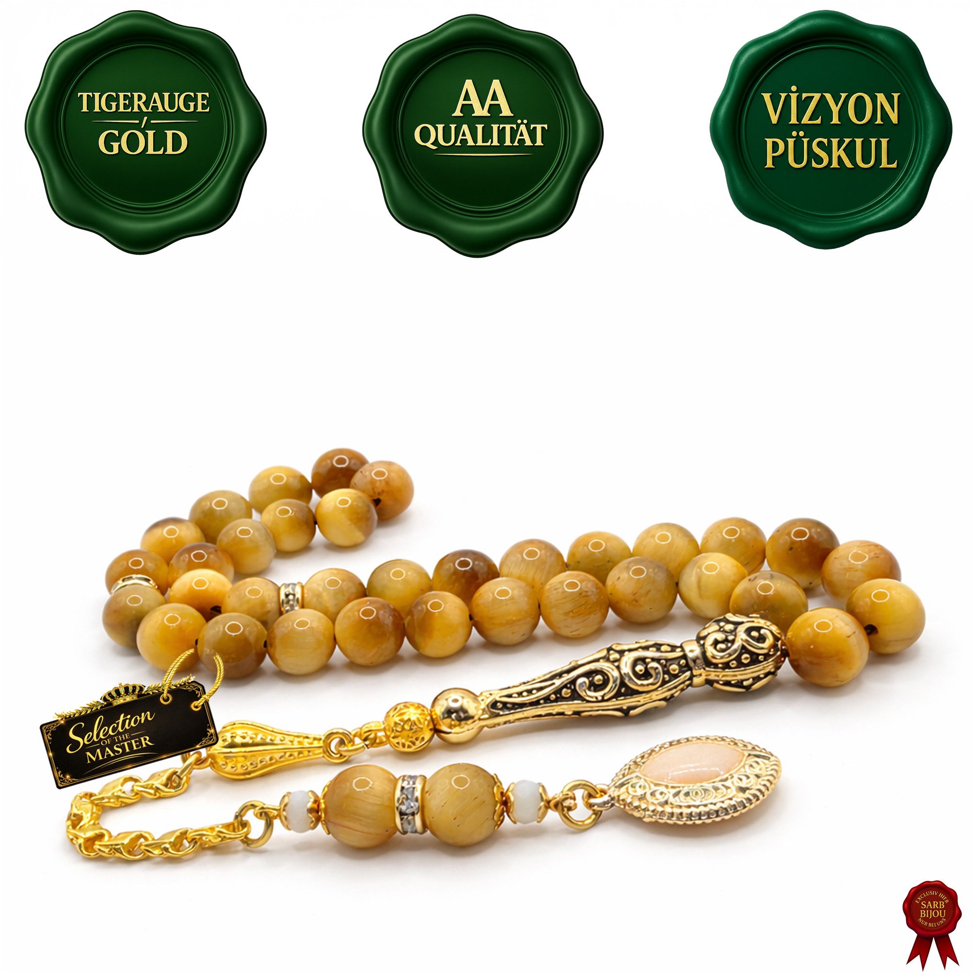 M-Punkt24 Kettenanhänger Tesbih Tespih Naturstein Küre Rund (Tigerauge Gold Gelb Milchig, Gebetskette, Rosary, Subha Misbah), Design Püskül, inkl. ETUI, *SONDERPREIS WEGEN PRODUKT NEUHEIT*