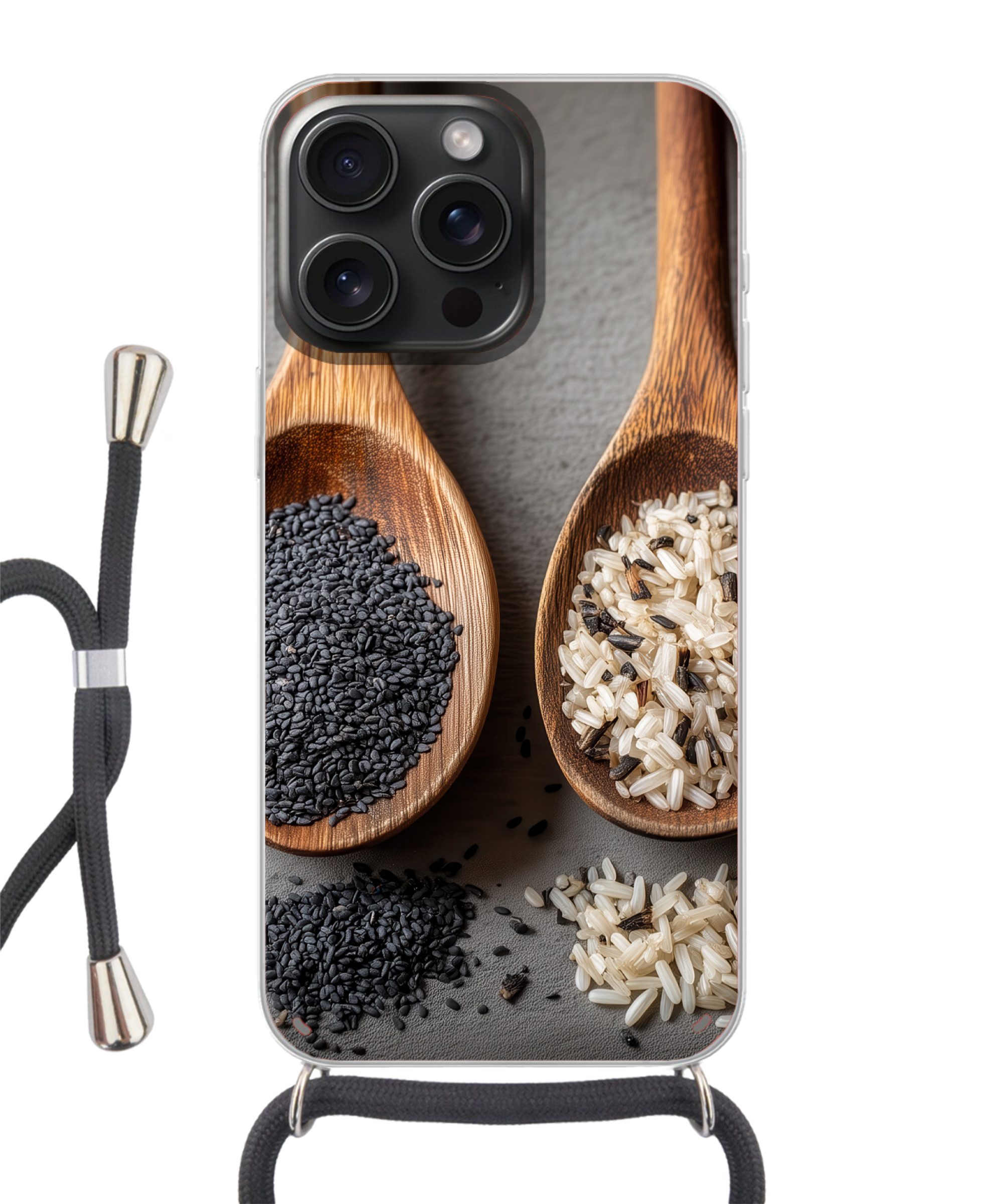 MuchoWow Handyhülle für Apple iPhone 15 Pro Max Holz - Löffel - Reis - Saatgut, Tragbare Handyhüllen mit Kette zum umhängen, Handykette Handyband