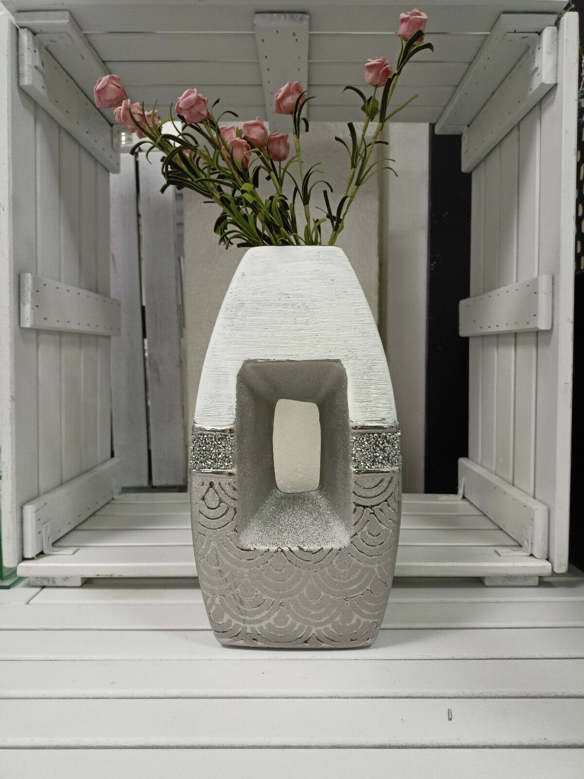 'Brokat' 27,5cm Set), Strass Vase 14,5cm breit 1 Mit hoch Dekovase Tischvase St., silber kein GlasArt (Einzelstück, oval hellgrau Durchbruch
