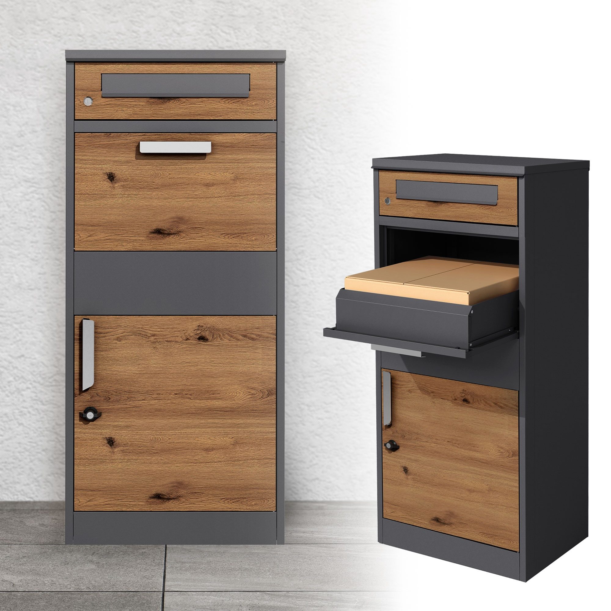 ML-DESIGN Paketbriefkasten Standbriefkasten aus verzinktem Stahl abshließbar 2 Schlüssel, Paketkasten Anthrazit-Eiche Optik Paketbox für Briefe Warensendungen