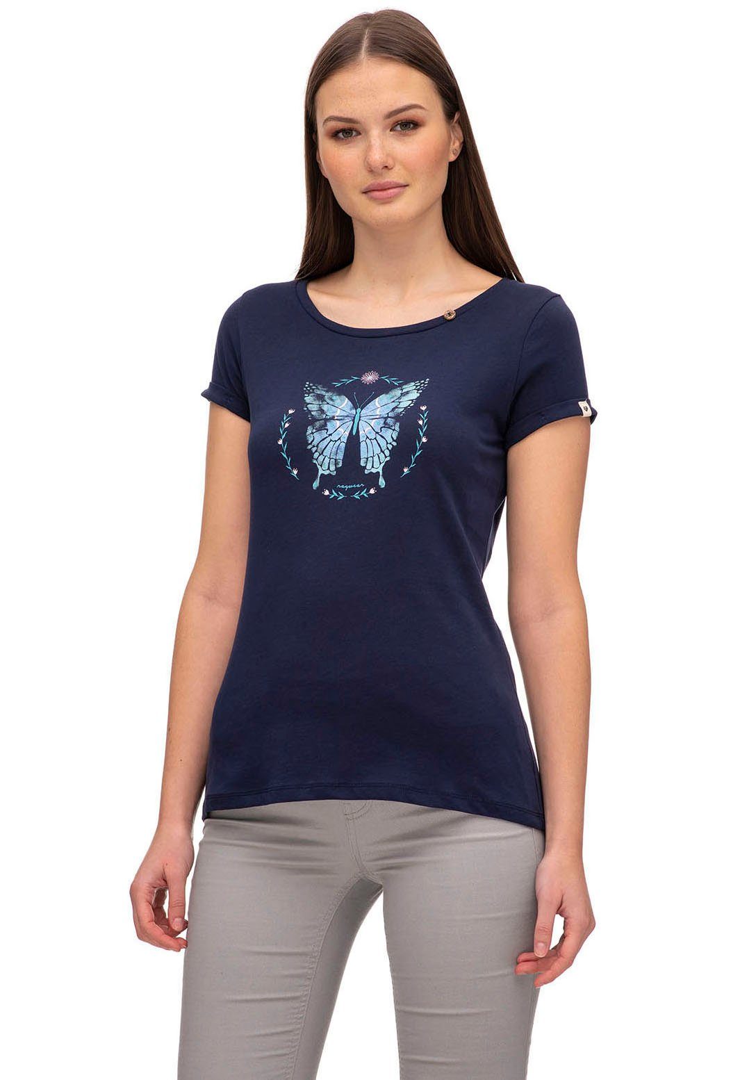 mit T-Shirt Ragwear Brust navy Rundhalsshirt BUTTERFLY ORGAN der FLORAH Shirt auf Schmetterlings-Print