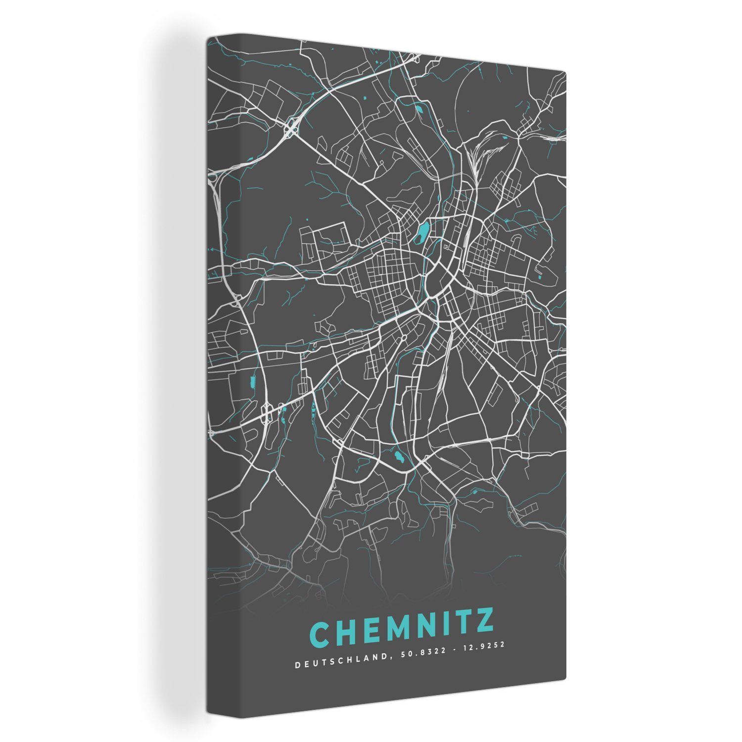 Leinwandbild St), cm - bespannt - OneMillionCanvasses® Gemälde, - Leinwandbild Zackenaufhänger, Chemnitz inkl. (1 Stadtplan fertig 20x30 Deutschland - Karte, Genk Blau -