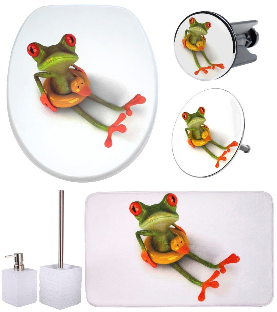 Sanilo Badaccessoire-Set Froggy, Komplett-Set, 6 tlg., bestehend aus WC-Sitz, Badteppich, Stöpsel, Seifenspender, WC-Bürste