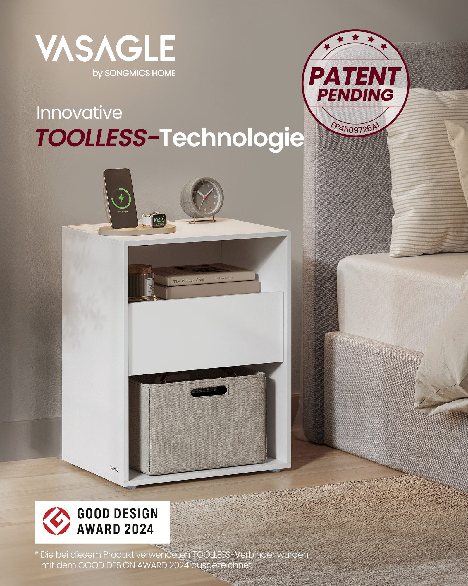 VASAGLE Nachttisch mit Ladefunktion, Toolless-Technologie, Beistelltisch mit Schublade (1-St), Nachttisch werkzeuglos Montage 1 er/2er Set