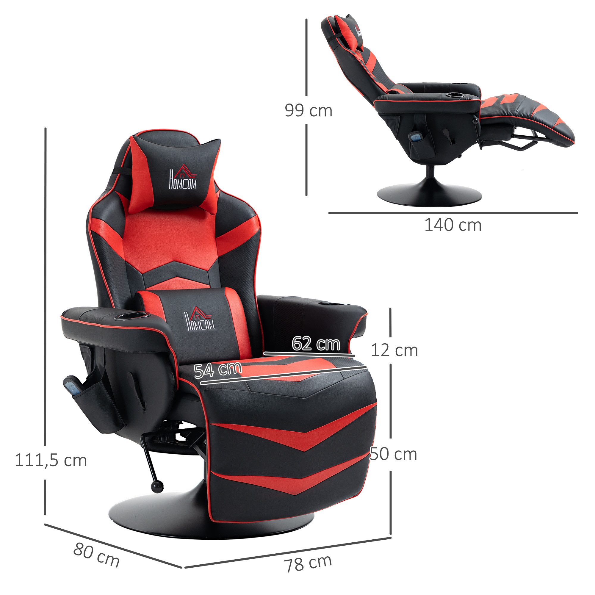 HOMCOM Massagesessel Massagefunktion, inkl. Fußstütze, Liegefunktion (Gaming-Chair, 1-St., Relaxsessel), für Wohhnzimmer, Schwarz+Rot