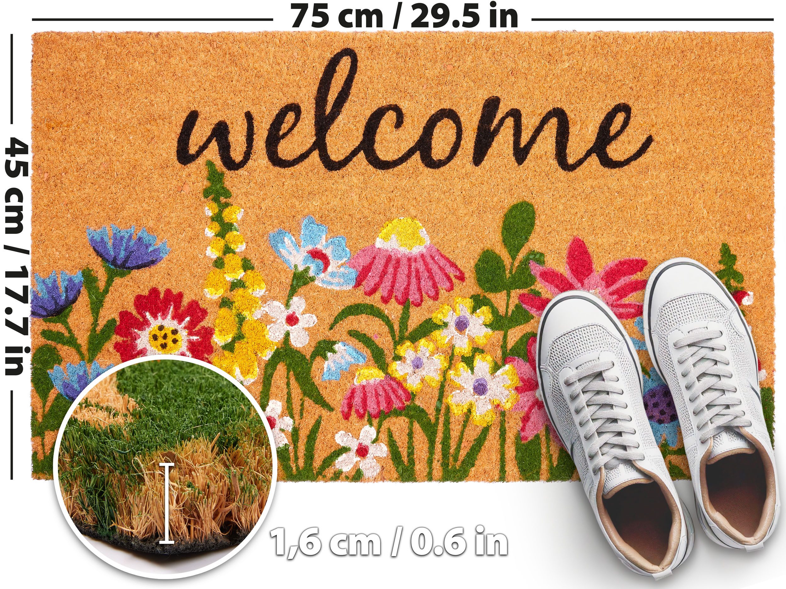 BRUBAKER Fußmatte Blumen und Pflanzen - 45 x 75 cm Schmutzfangmatte - Kokos Fußabtreter, Rechteckig, Höhe: 16 mm, Antirutsch Türmatte für Außen und Innen - Wetterfest und Rutschfest