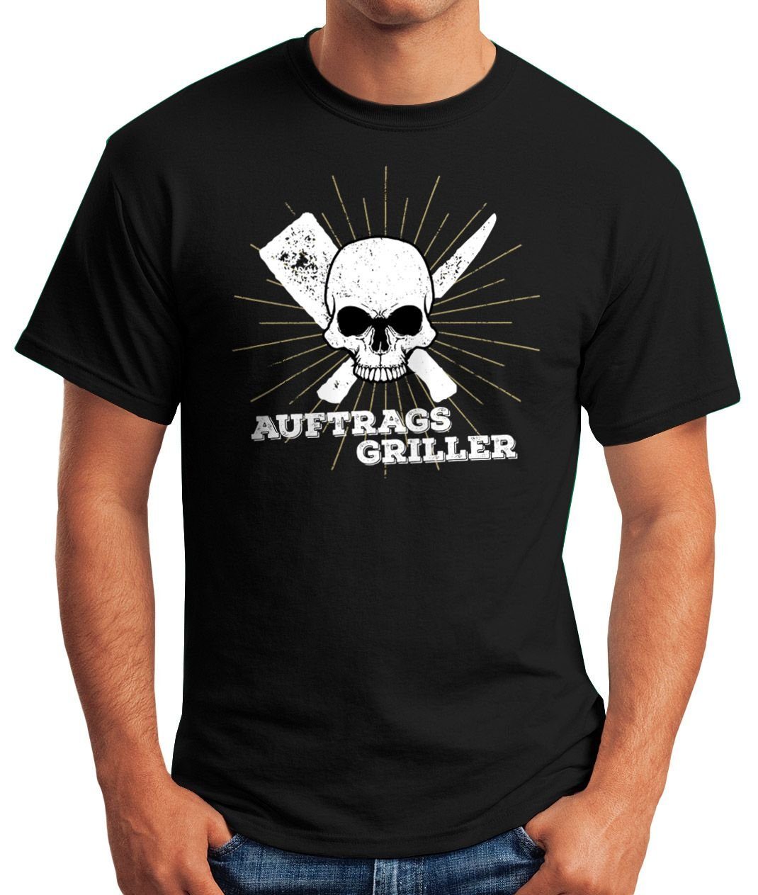 Herren Shirts MoonWorks Print-Shirt Herren T-Shirt Auftragsgriller Skull Fun-Shirt Motiv-Shirt Grillen BBQ Barbecue Sommer Tee F