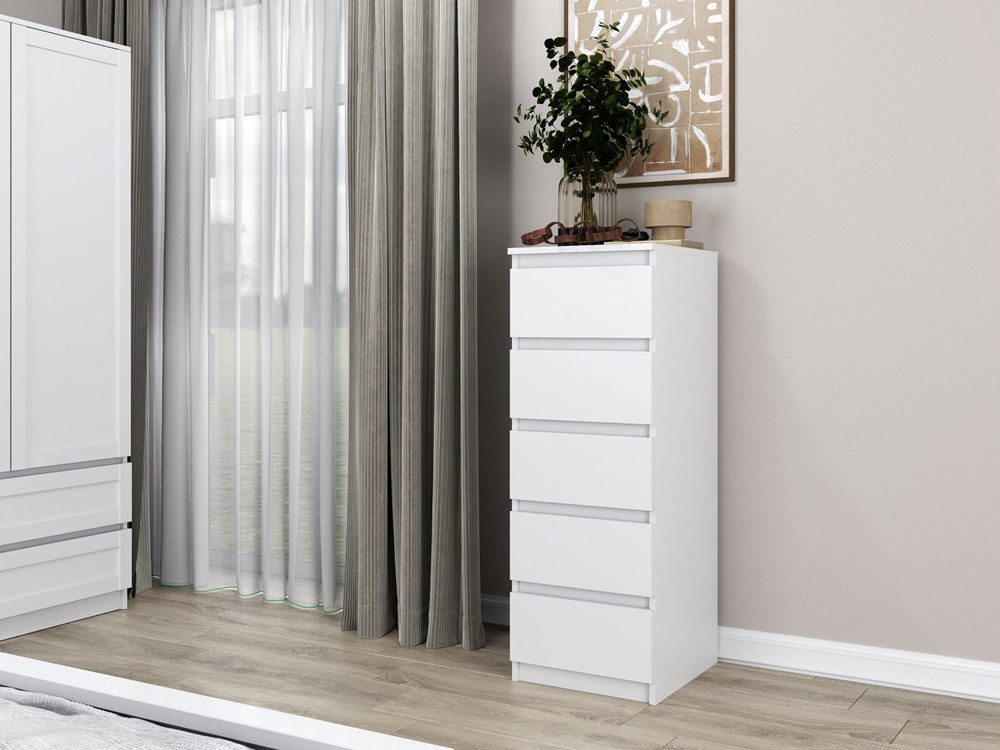 Home Collective Kommode weiß mit fünf Schubladen, Schlafzimmer Flur Nachttisch, Schrank, Sideboard, Highboard, Breite 40 cm Höhe 111cm