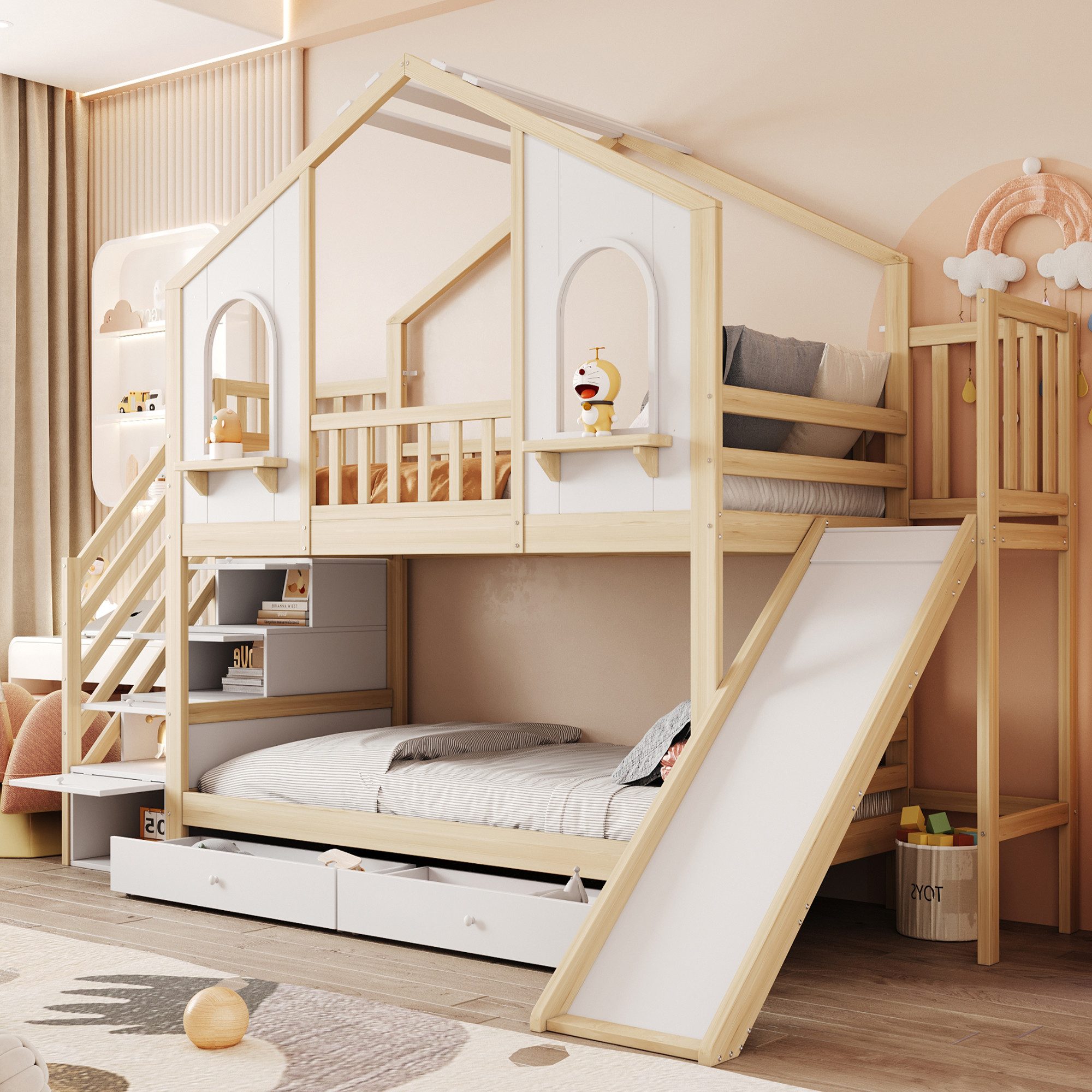 OKWISH Etagenbett Kinderbett Holzbett (mit Rutsche, Aufbewahrungsleiter und Schubladen, 90x200cm), ohne Matratze