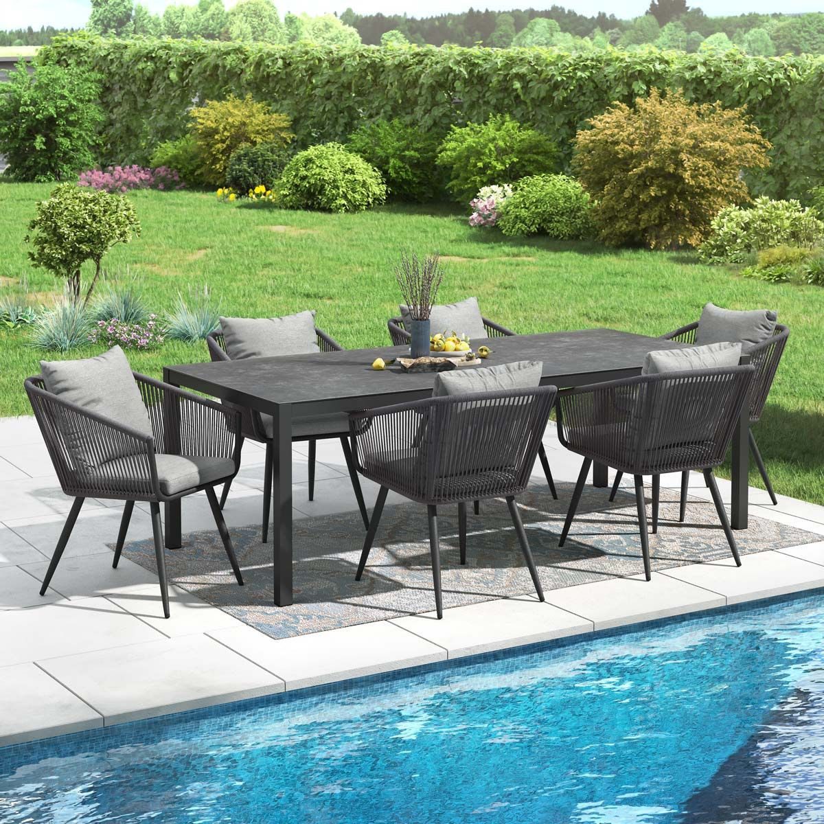 OUTLIV. Garten-Essgruppe OUTLIV. Alex Gartenmöbel-Set L Tisch 220x100cm Glaskeramik/Anthrazit, bestehend aus 6 Stühlen + 1 Tisch inklusive Auflagen