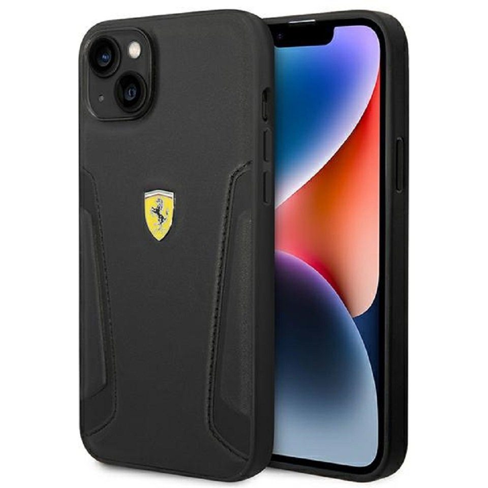 Ferrari Handyhülle Case Echtleder Logo schwarz iPhone 14 Plus 6,7 Zoll, Kantenschutz